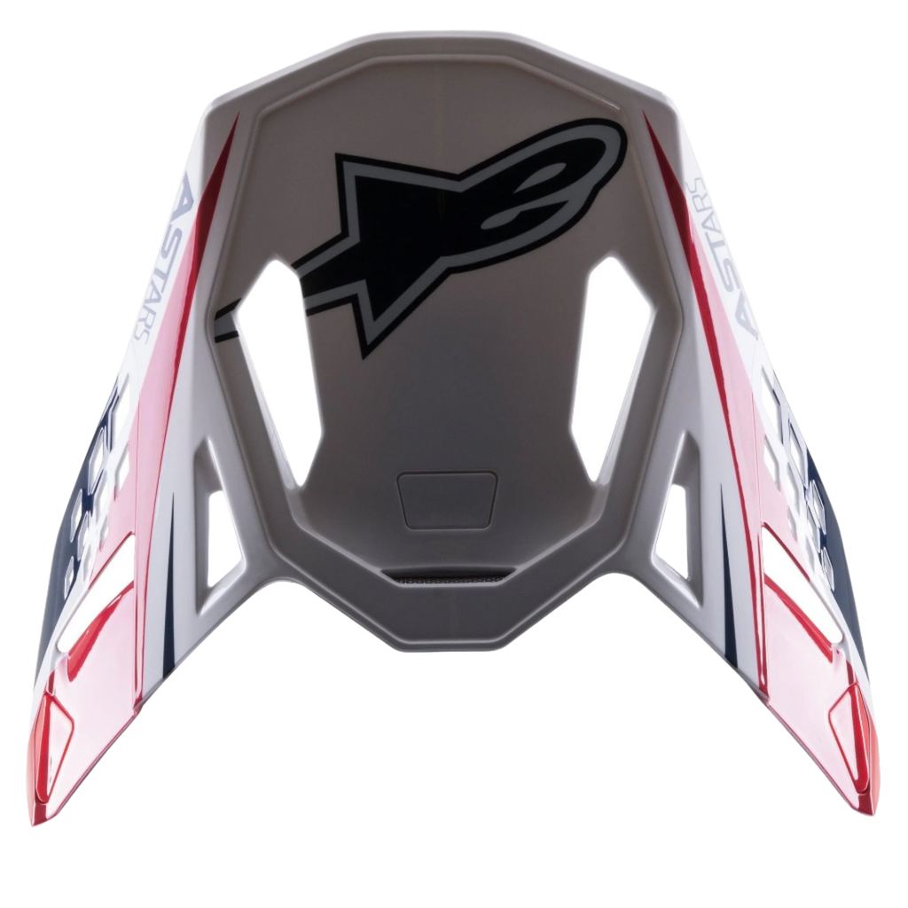 Alpinestars Supertech M10 Carbon Meta2 Visier, Motocross-Helm-Zubehör, glänzendes Finish in Weiß, Rot und Blau, großes schwarzes Astar-Logo oben, seitliches Branding, aerodynamisches Design mit Belüftungsausschnitten für Offroad-Helme