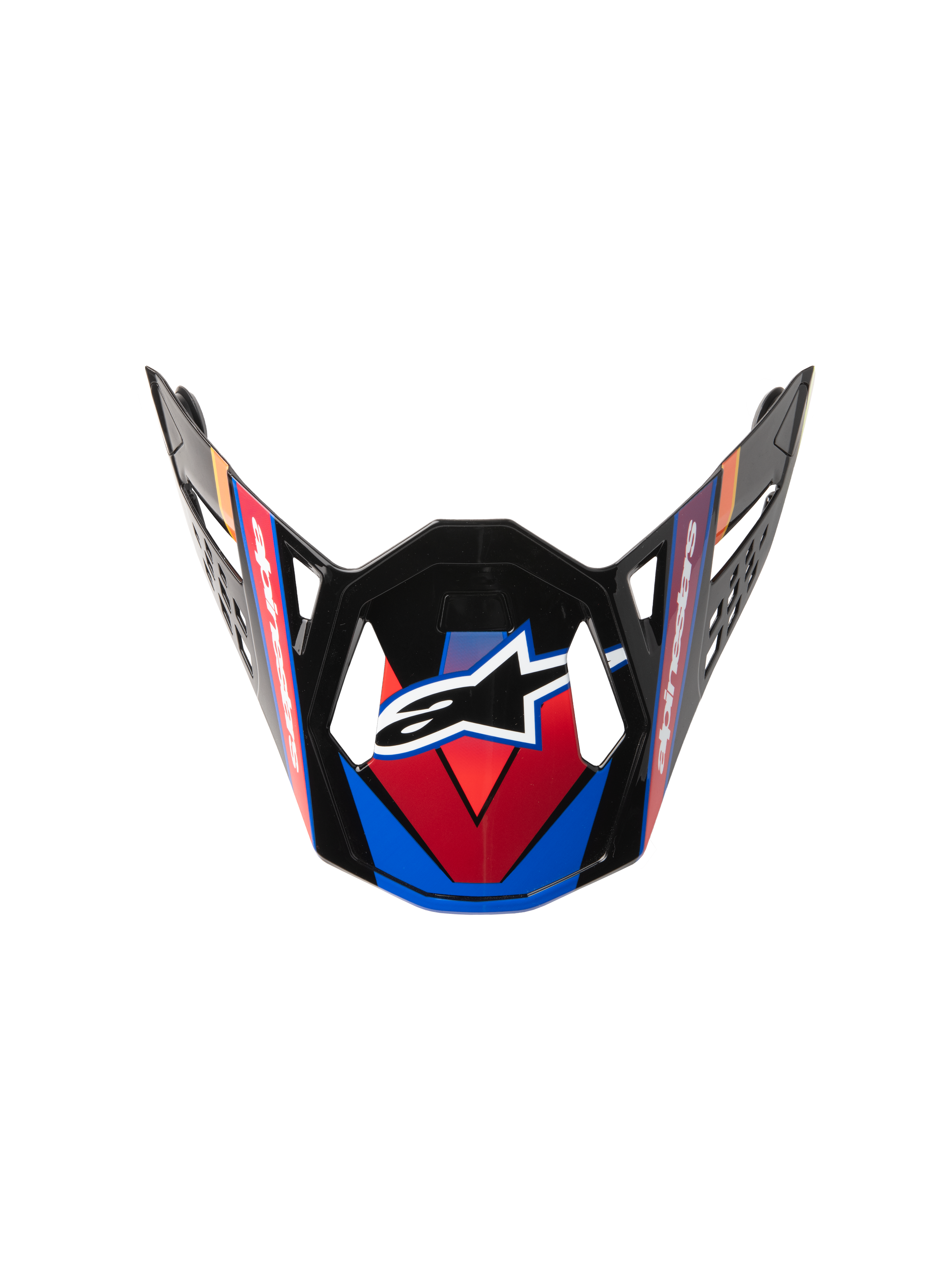 Supertech M10 Era Visor, Motocross Helmet Replacement Visor, Blue Red and Yellow Fluo, glossy black finish with angular graphics, central white star logo, and aerodynamic vent cutouts