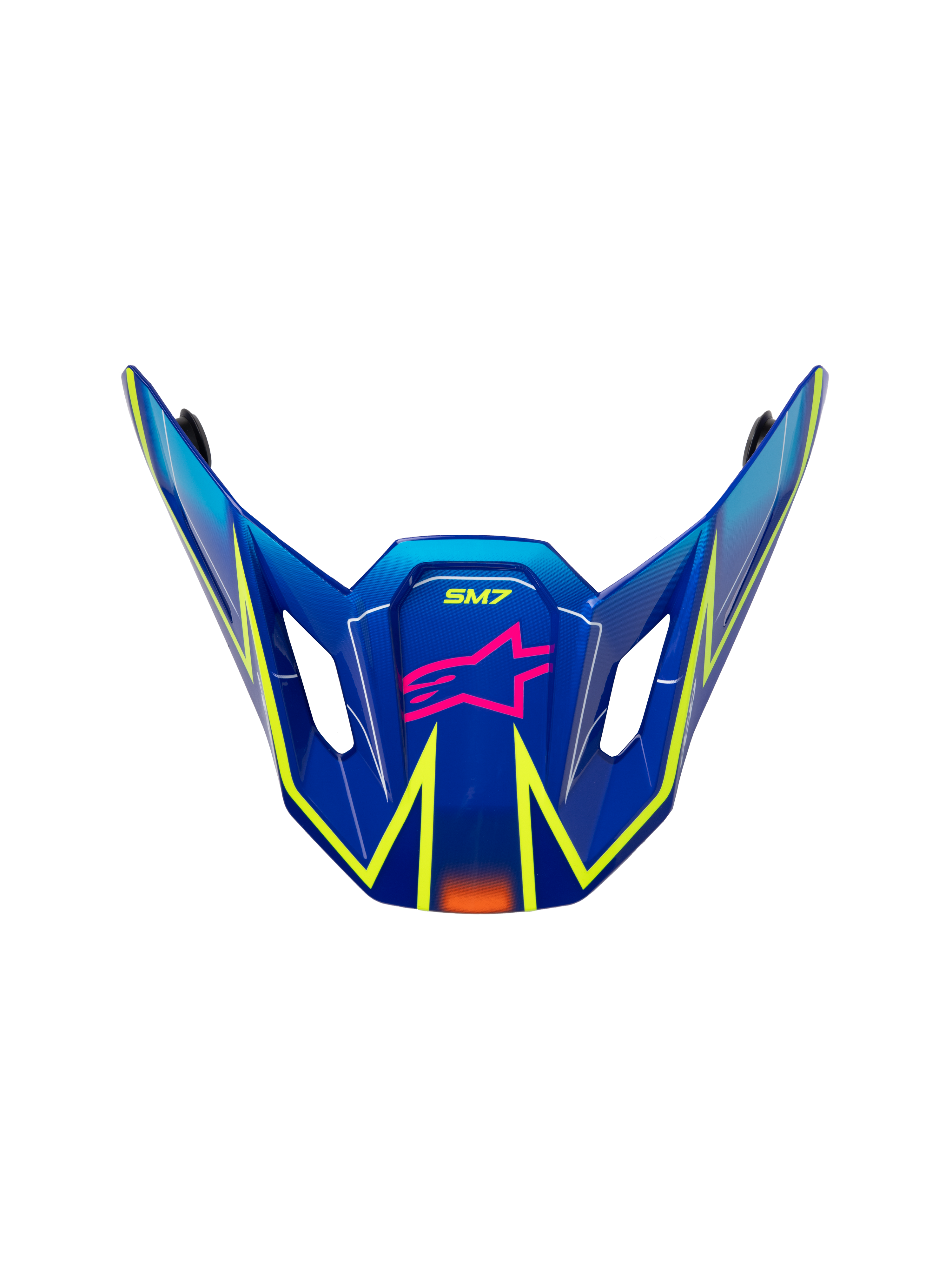 Alpinestars S-M7 Cast Visier, Motocross-Ersatzhelmschirm, Glänzend Blau mit pinken und neongelben Akzenten, pinkes Stern-Logo und SM7-Branding, aerodynamisches Design mit seitlichen Belüftungsöffnungen