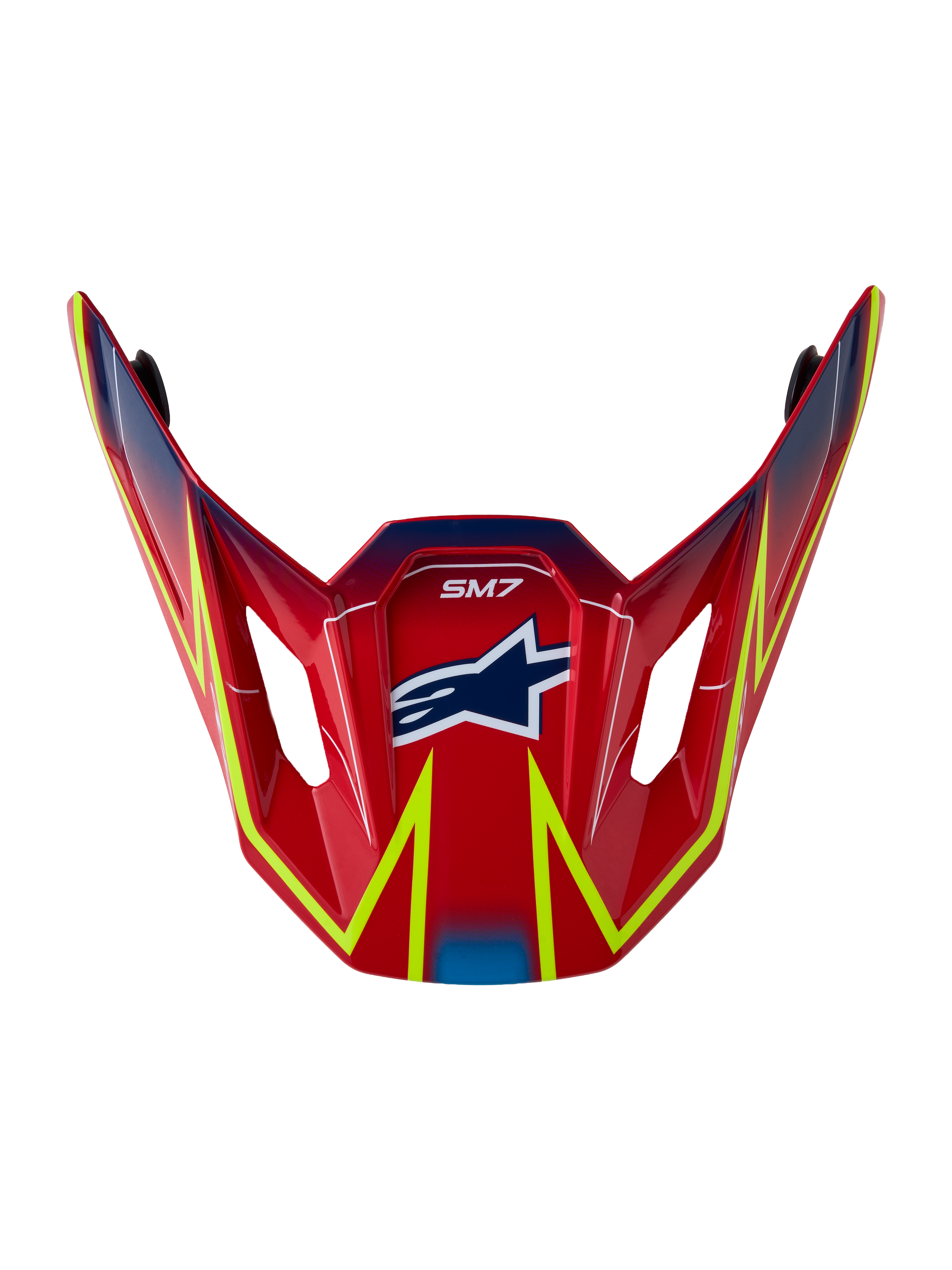 Alpinestars S-M7 Cast Visier, Motocross-Ersatzteil für MX-Helme, glänzend Rot mit neongelben und blauen Grafiken, offizielles Alpinestars Helmzubehör.