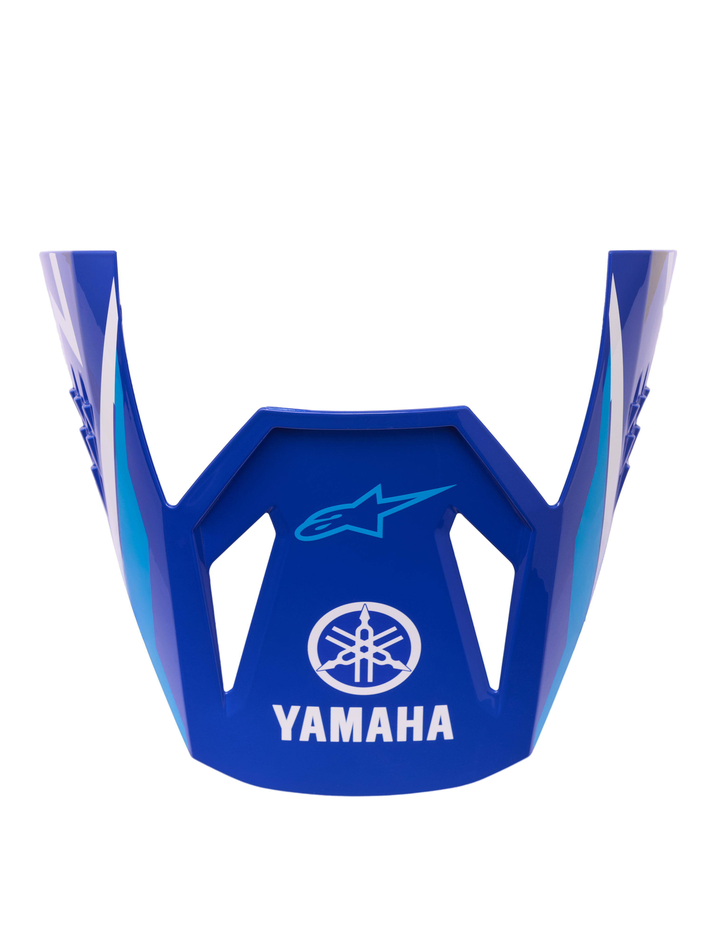 Alpinestars Yamaha S-M3 Visier ECE 22.06, Ersatzvisier für Helme, Glänzendes Blau mit weißen und hellblauen geometrischen Akzenten, mit weißem Yamaha-Logo und blauem Alpinestars Astar-Branding, offizielles Ersatzteil für Motocross-Helme