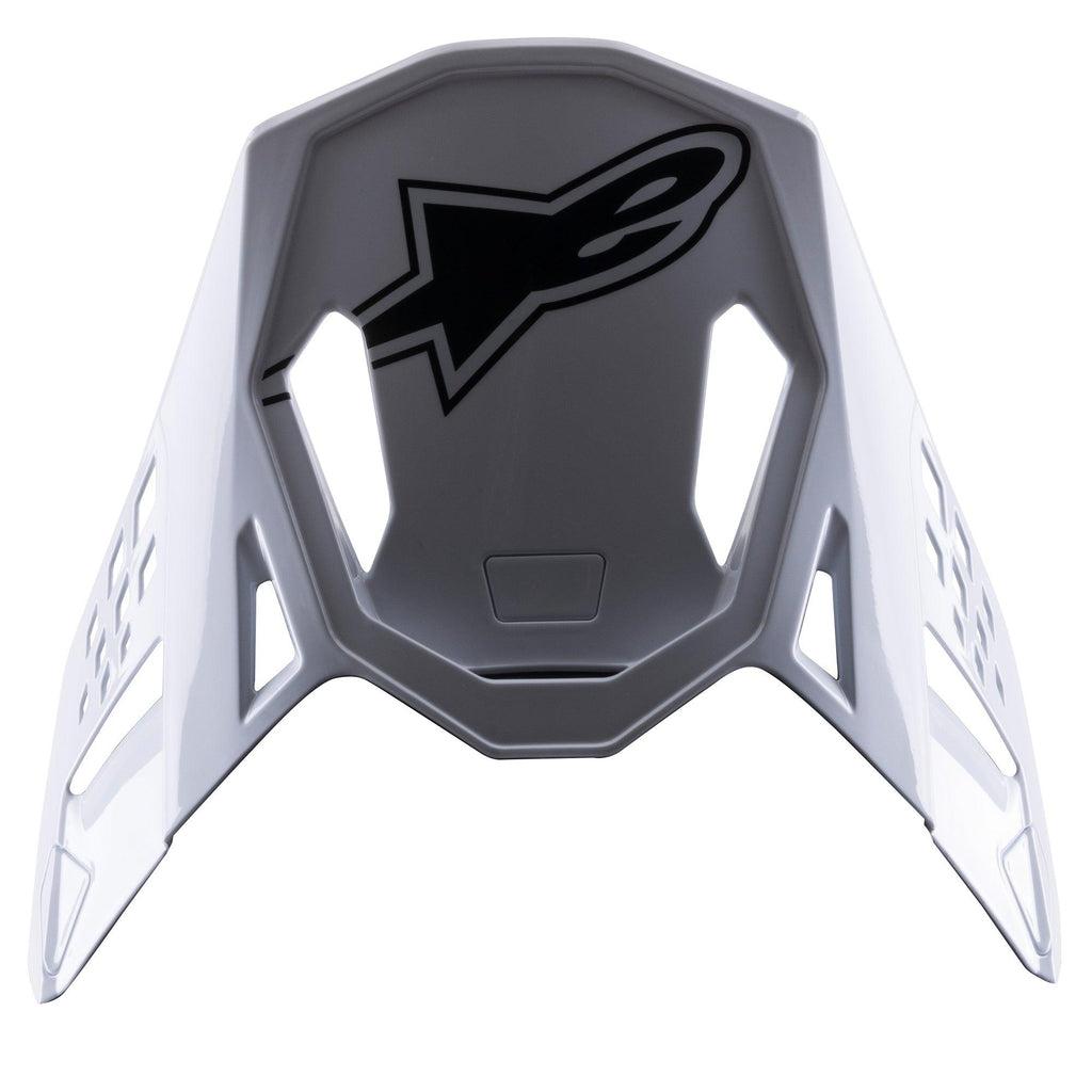Alpinestars S-M8 Factory Visor, Motocross Helmet Accessory, White with Black Alpinestars Logo, replacement peak featuring aerodynamic cutouts and snap-on design for Supertech M8 helmets
