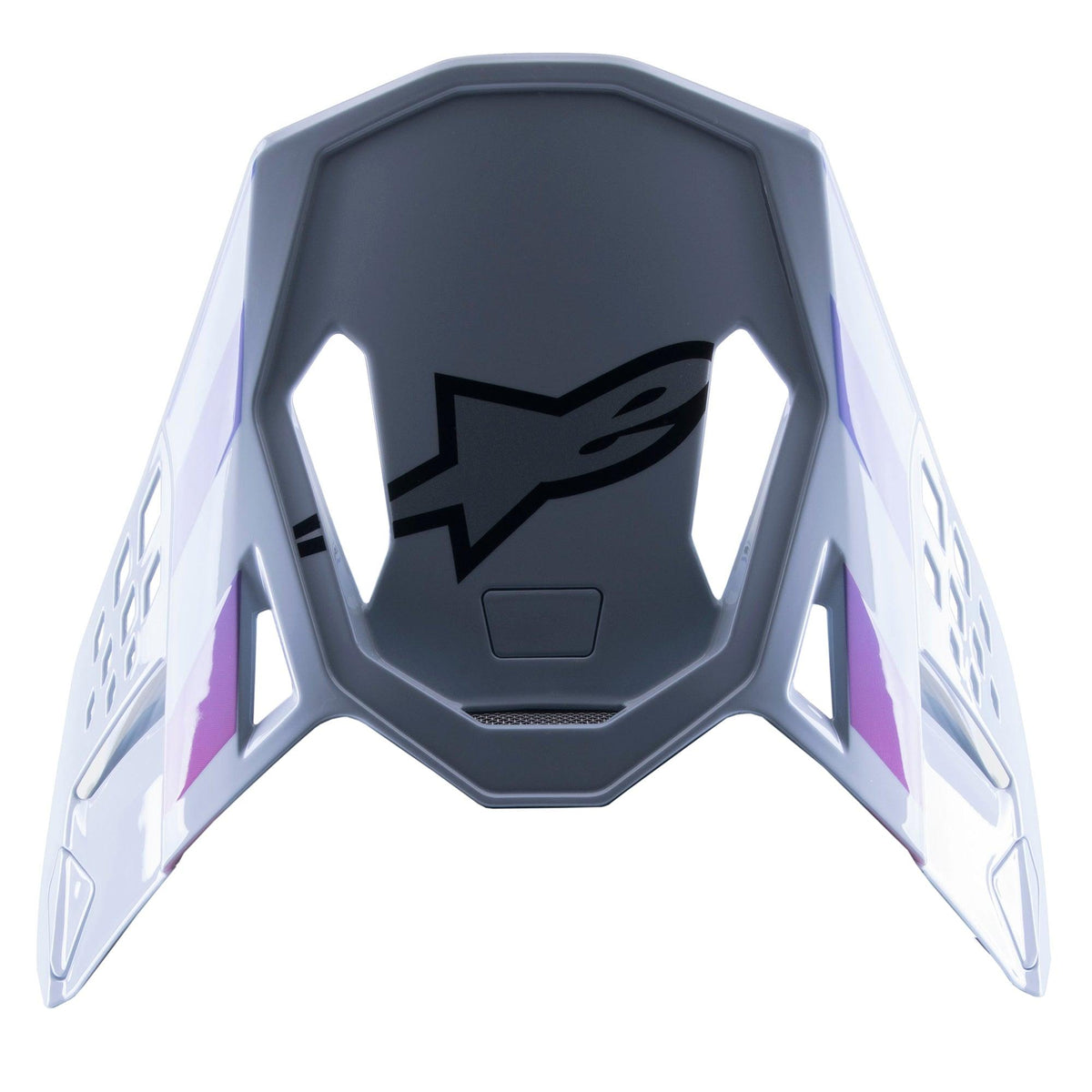 Alpinestars Supertech M10 Daytona 23 LE Visier, Ersatz-Motocross-Helmschild, Haze Gray mit lila und weißen Akzenten, mit schwarzem Logo auf der Unterseite, leichtes belüftetes Design für MX-Rennen