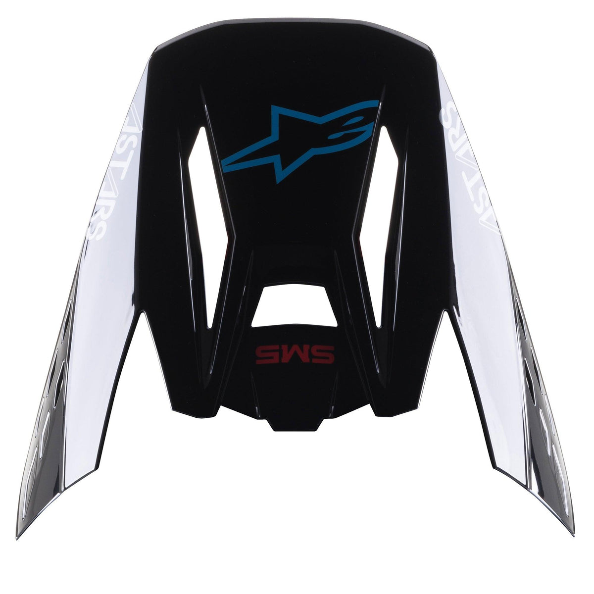 Alpinestars S-M5 Bond Visier, Motocross-Helm Ersatzschirm, Schwarz Cyan Glänzend, mit blauem Alpinestars Stern-Logo und weißen Seitenpaneelen mit „ASTARS“-Schriftzug, konzipiert für den Offroad-Rennsport