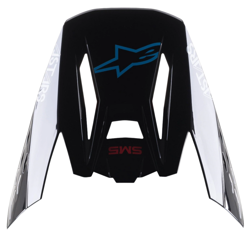 Alpinestars S-M5 Bond Helmvisier, Ersatzvisier für Motocross-Helme, Schwarz Cyan Glänzend mit weißem Astars-Branding an den Seiten, Draufsicht mit blauem Stern-Logo und rotem SM5-Schriftzug