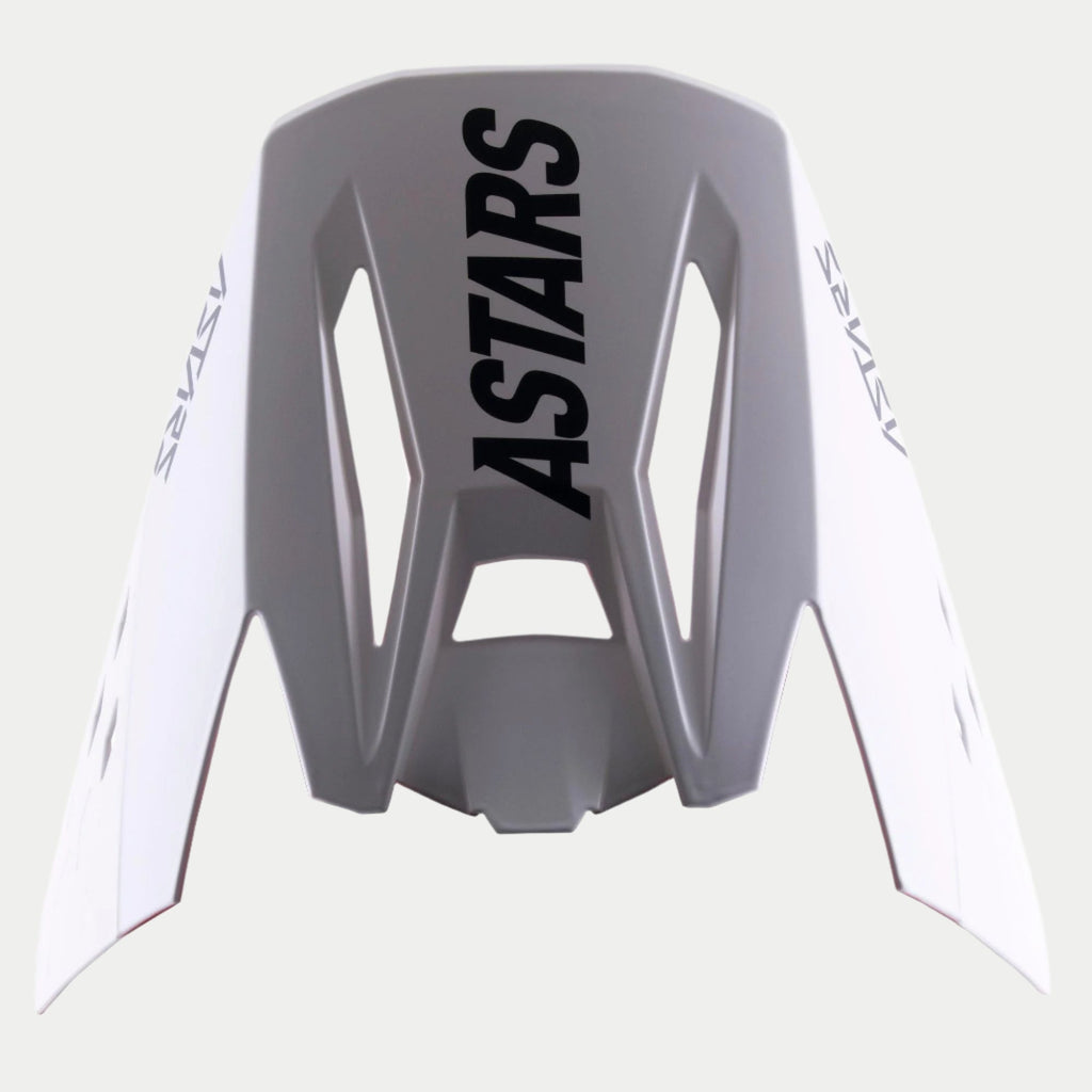 Alpinestars S-M5 Rayon Visor, Ersatz-Helmschild für Motocross-Helme, Grau mit markantem schwarzem ASTARS-Branding oben und an den Seiten, mattes Finish, kantiges Design mit Belüftungsschlitzen für Offroad-Performance