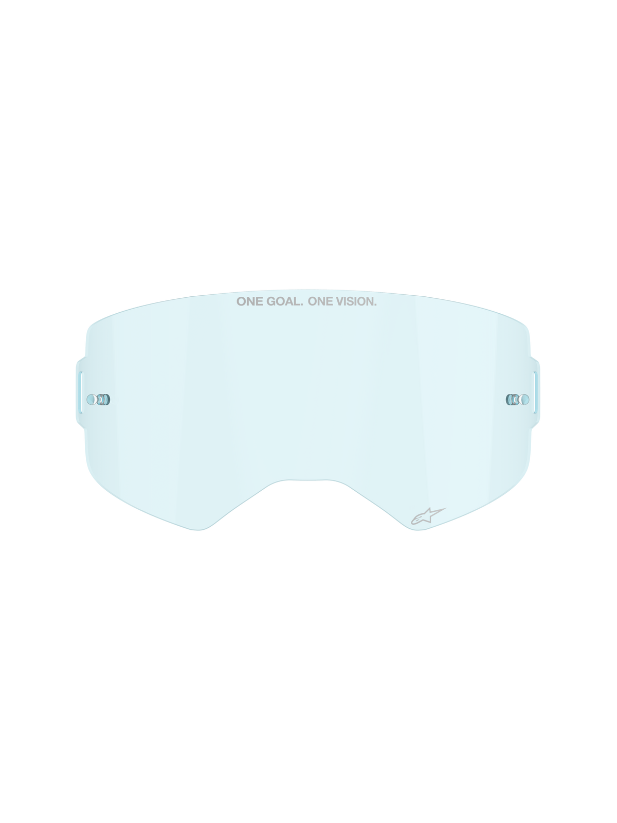 Alpinestars Supertech Clear Lens in Clear Blue, Ersatzscheibe für Motocross-Brillen, mit „ONE GOAL ONE VISION“-Branding und integrierten Tear-off-Posts, gewölbtes, schlagfestes Polycarbonat-Design