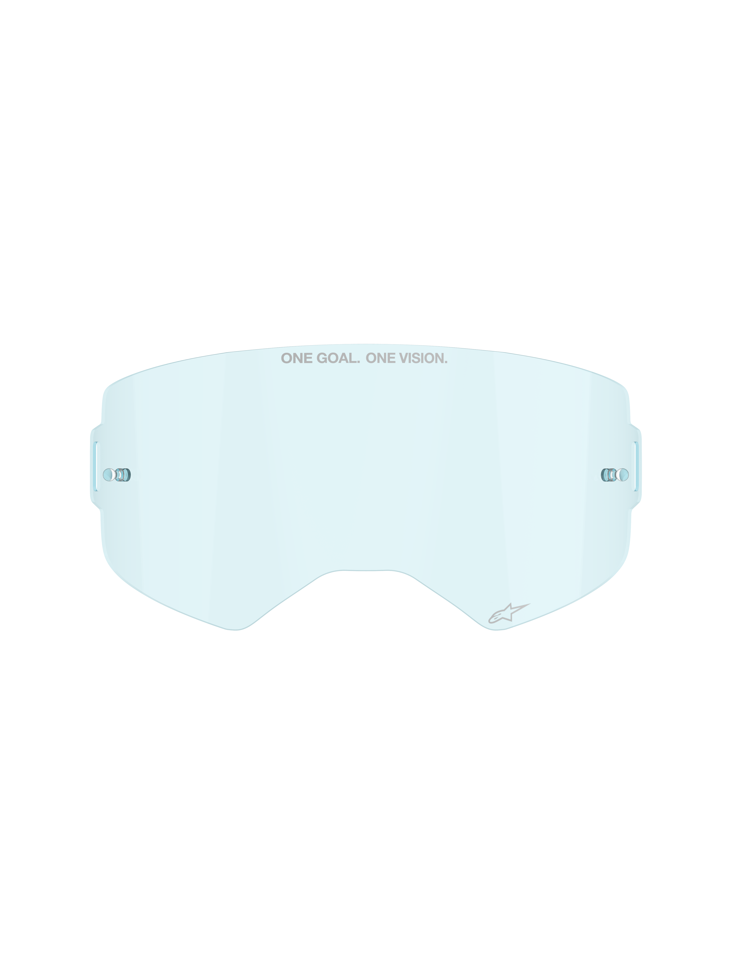 Alpinestars Supertech Clear Lens in Clear Blue, Ersatzscheibe für Motocross-Brillen, mit „ONE GOAL ONE VISION“-Branding und integrierten Tear-off-Posts, gewölbtes, schlagfestes Polycarbonat-Design