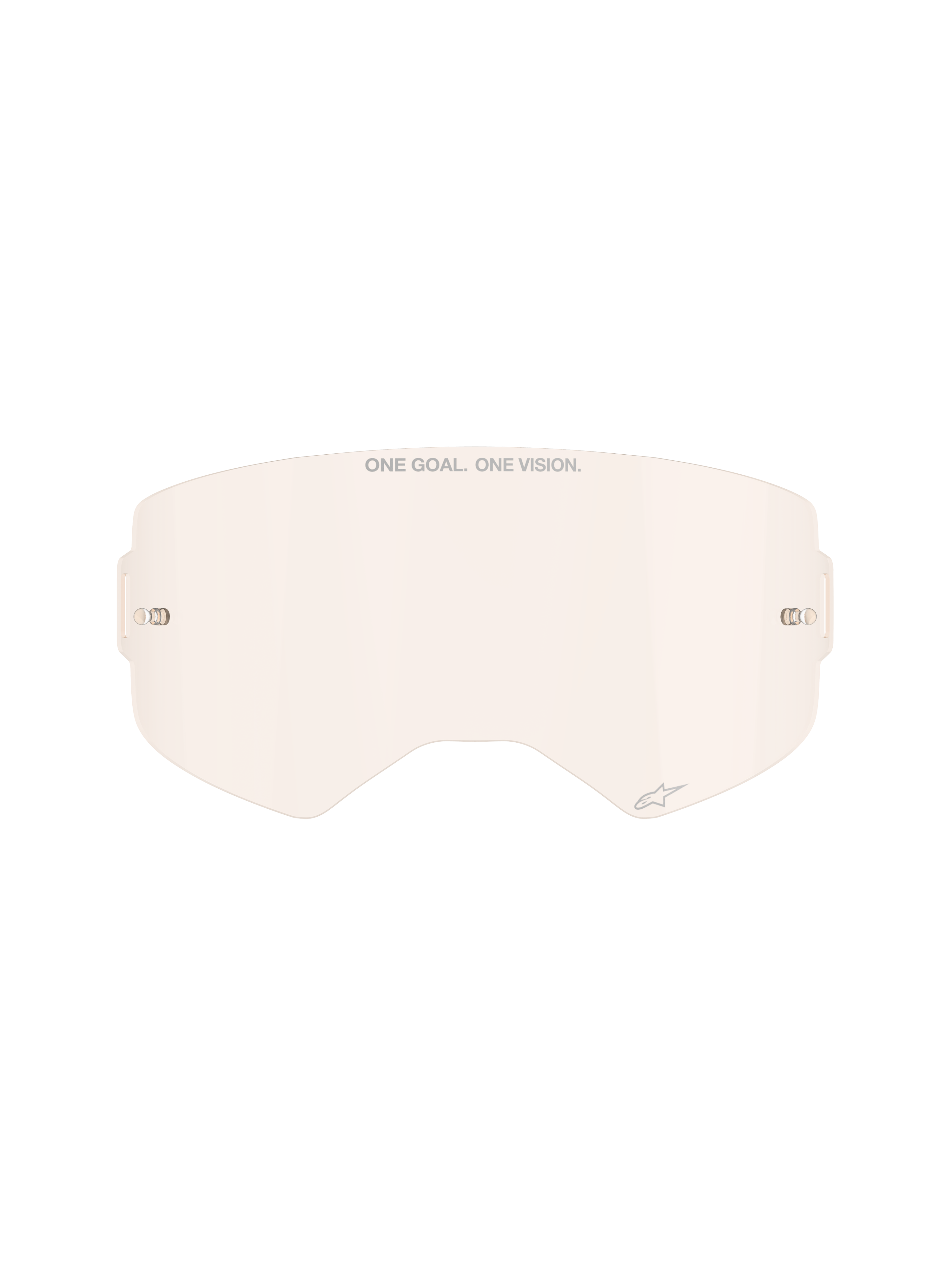 Alpinestars Supertech Brillenglas, Tönung in Light Copper Rose, spritzgegossene Ersatzlinse aus Polycarbonat, mit „ONE GOAL. ONE VISION.“ Branding und kleinem Stern-Logo, integrierte Tear-Off-Pins, Zubehör für Offroad- und Motocross-Brillen