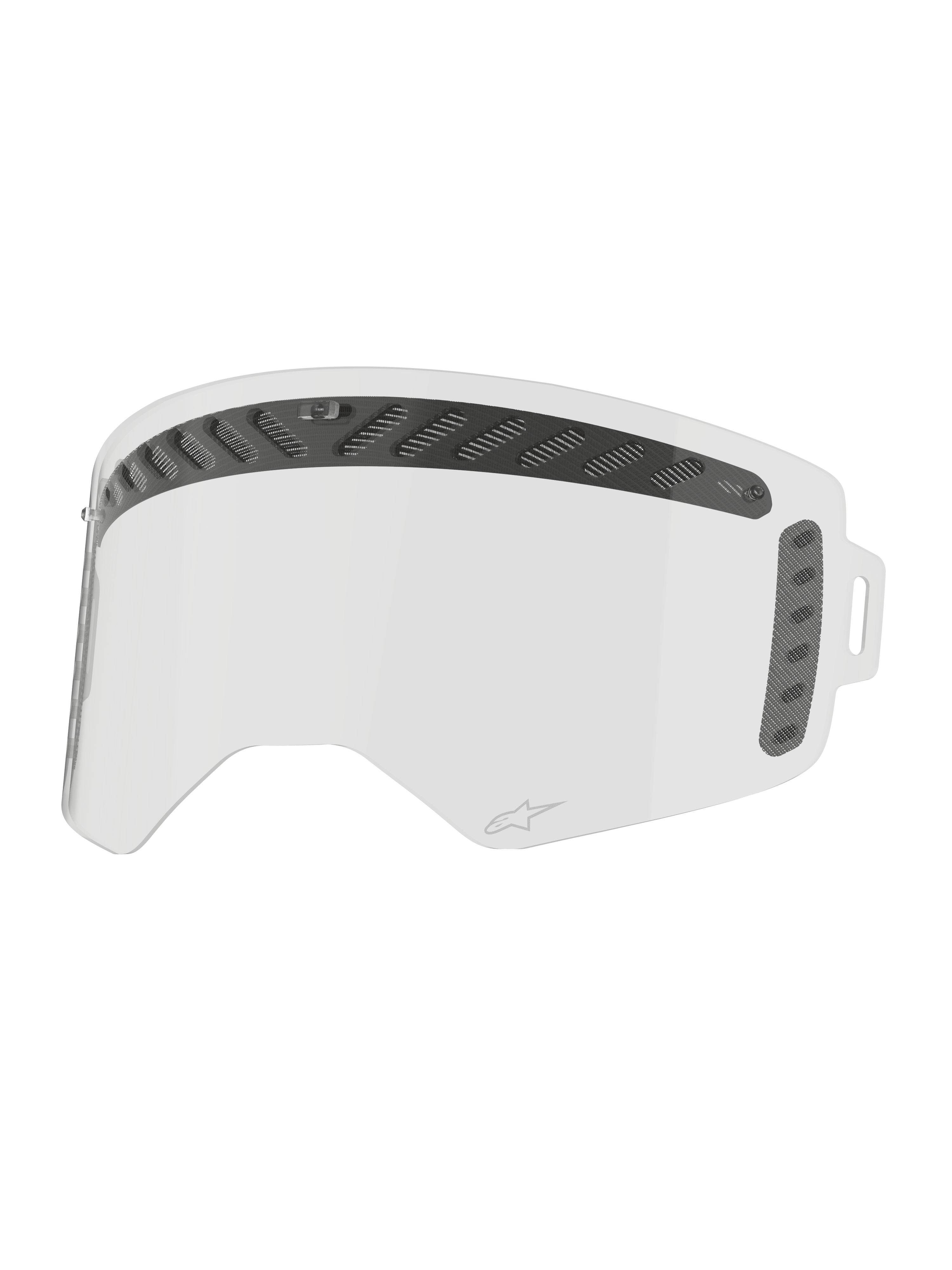 Alpinestars Supertech Modulator Vented Linse, klares Motocross-Schutzbrillen-Ersatzglas, Schwarz, belüftet, mit Antibeschlag-Beschichtung und Tear-Off-Pfosten.
