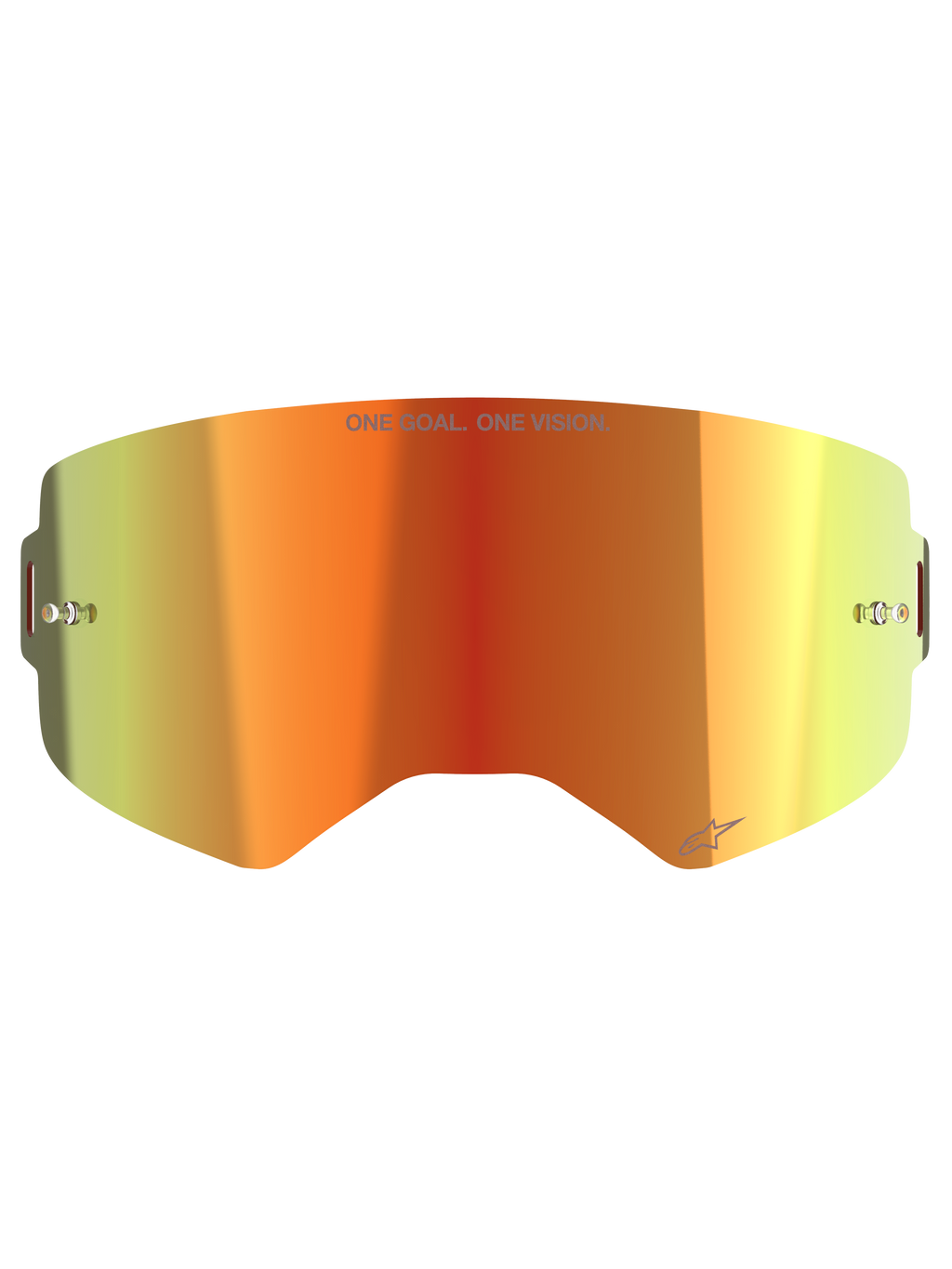 Alpinestars Supertech Mirror Lens, Motocross-Brillen-Ersatzglas, Mirror Red mit orange-gelbem Farbverlauf, mit „ONE GOAL. ONE VISION.“ Schriftzug, integrierten Tear-Off-Pins und verspiegelter Oberfläche für den Offroad-Rennsport