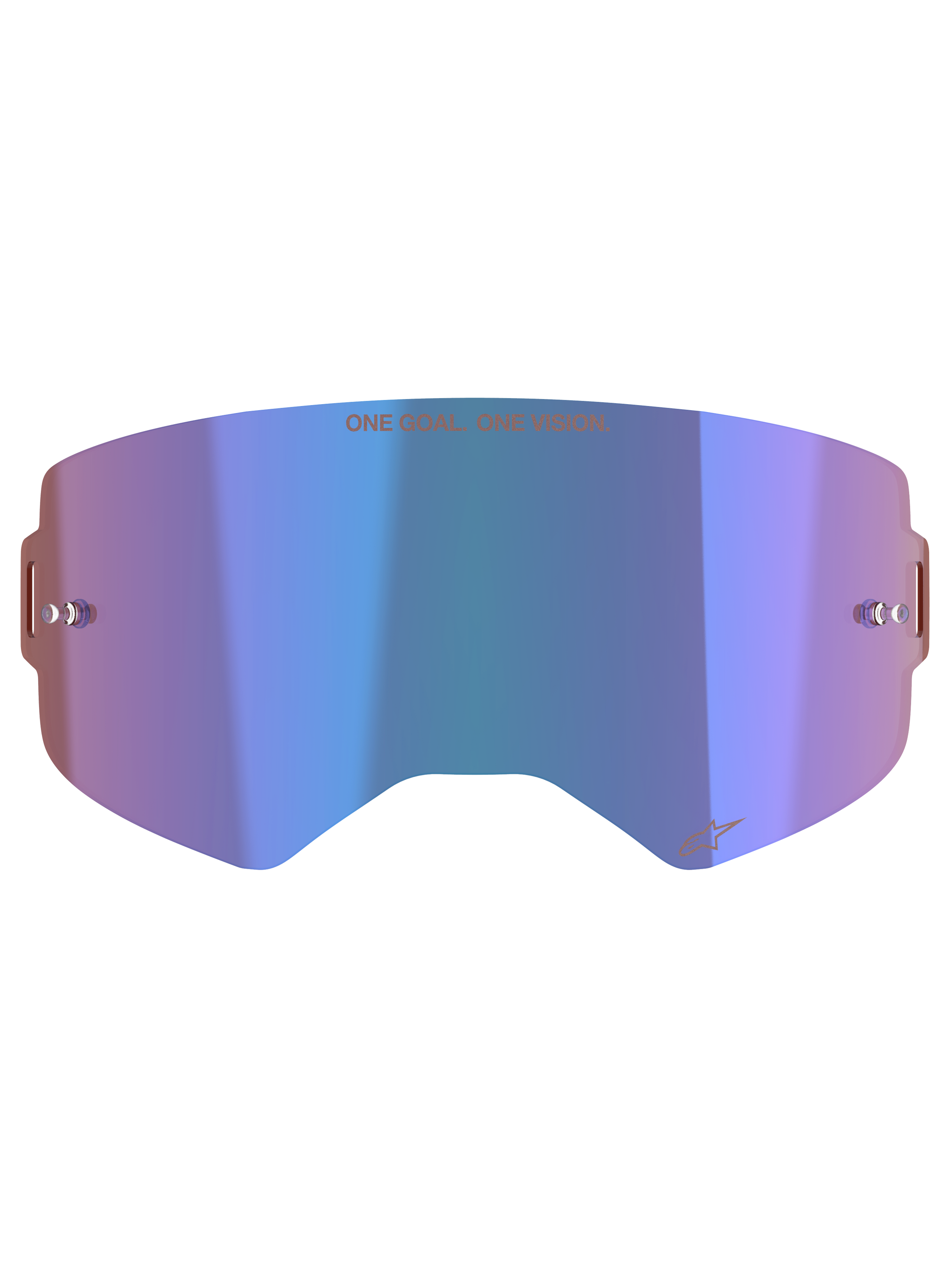 Alpinestars Supertech Mirror Lens, Motocross Goggle Accessory, Mirror Blue with purple hues, featuring Absolute Vision™ technology, integrated tear-off posts, and 'ONE GOAL. ONE VISION.' slogan across the top.