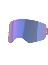 Alpinestars Supertech Mirror Lens, Motocross Goggle Replacement Lens, Mirror Blue with purple iridescent finish, featuring integrated tear-off posts, "ONE GOAL. ONE VISION." text at the top, and Alpinestars logo at the bottom, high-clarity polycarbonate for off-road racing