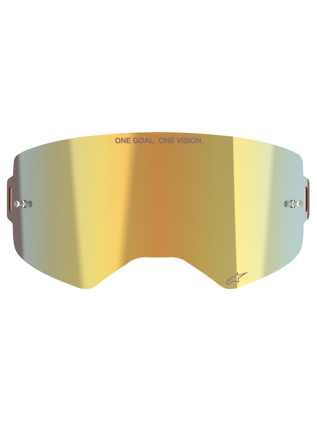 Alpinestars Supertech Spiegelscheibe, Motocross-Brillen-Ersatzglas, Mirror-Gold-Finish, mit „ONE GOAL. ONE VISION.“ Schriftzug und Alpinestars-Logo, inklusive seitlicher Tear-Off-Posts, langlebiges Polycarbonat für Offroad-Rennen