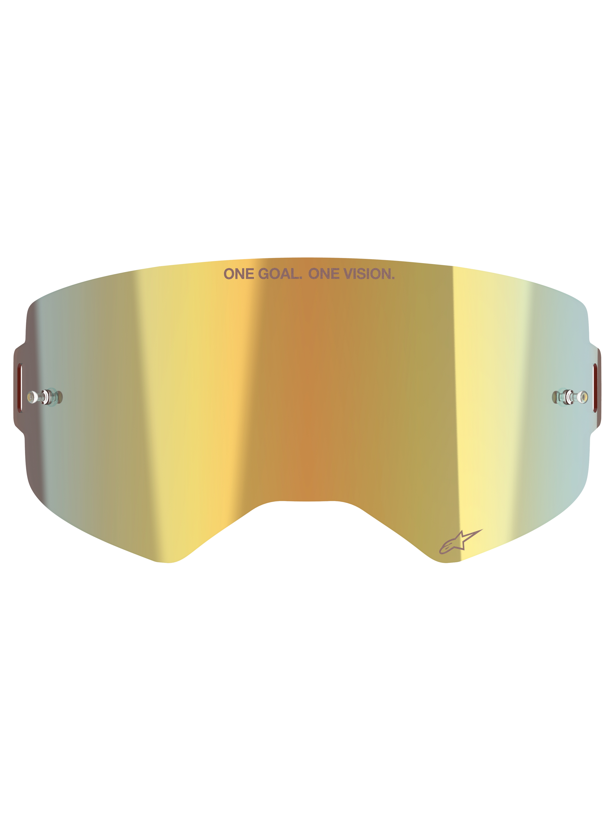 Alpinestars Supertech Mirror Lens, Motocross Goggle Replacement Lens, Mirror Gold finish, featuring 'ONE GOAL. ONE VISION.' text and Alpinestars logo, includes side tear-off posts, durable polycarbonate for off-road racing