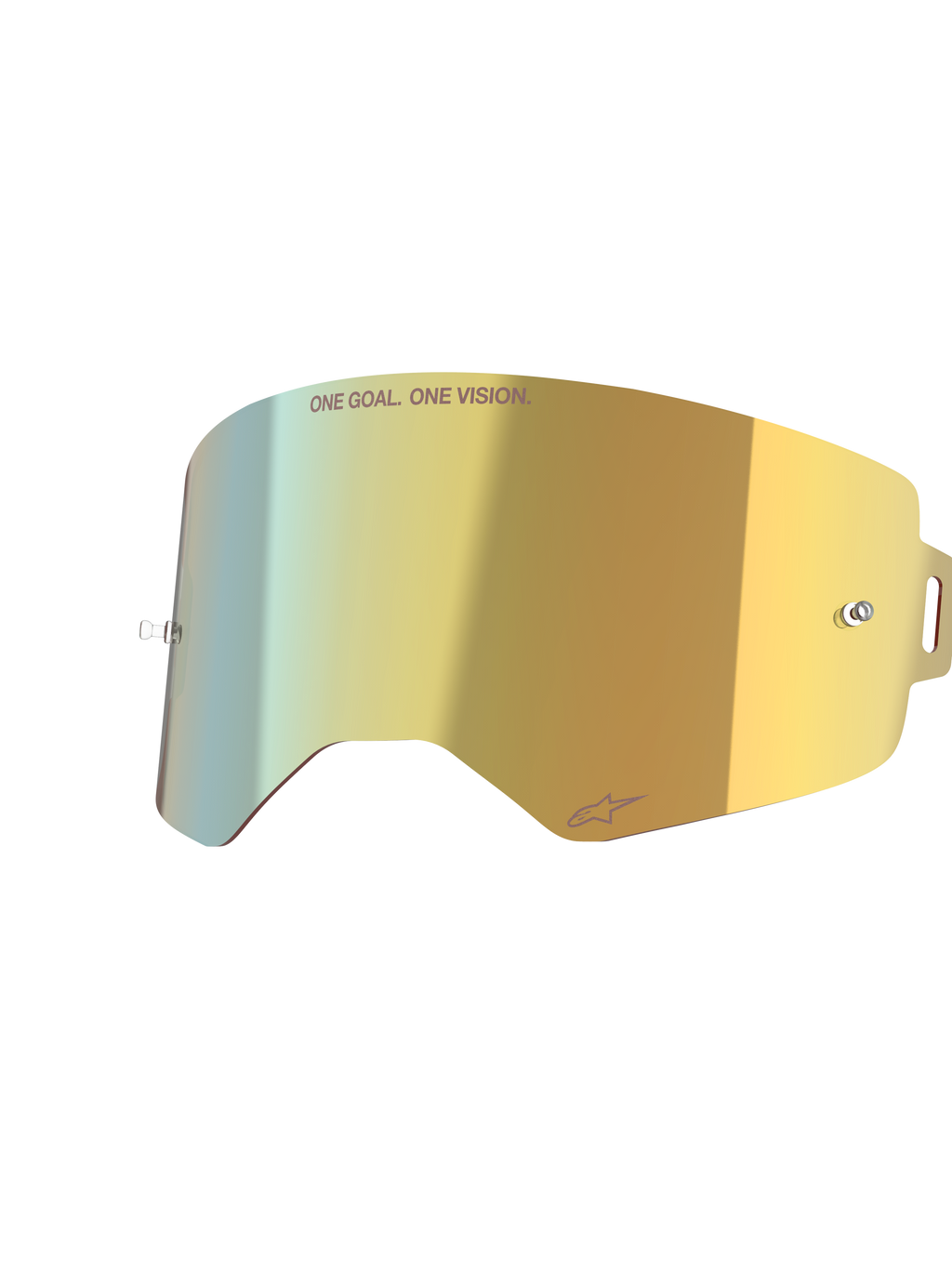 Alpinestars Supertech Spiegelscheibe, Mirror Gold, reflektierende Ersatz-Brillenscheibe mit integrierten Tear-Off-Posts und „ONE GOAL. ONE VISION.“-Schriftzug, hochklares Motocross-Zubehör.