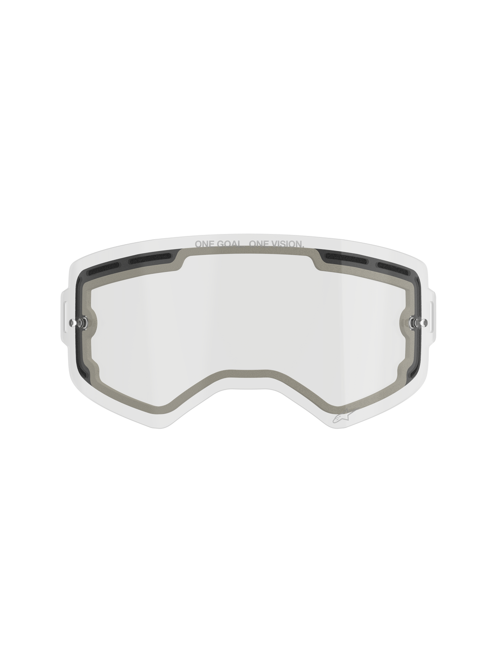 Alpinestars Supertech Doppelscheiben-Glas, Ersatzglas für Motocross-Brille, Transparent, belüftetes Design mit grauen Schaumstoffdichtungen, mit „ONE GOAL. ONE VISION.“-Branding am oberen Rand, gebogenes Anti-Beschlag-Polycarbonat für den Offroad-Einsatz.