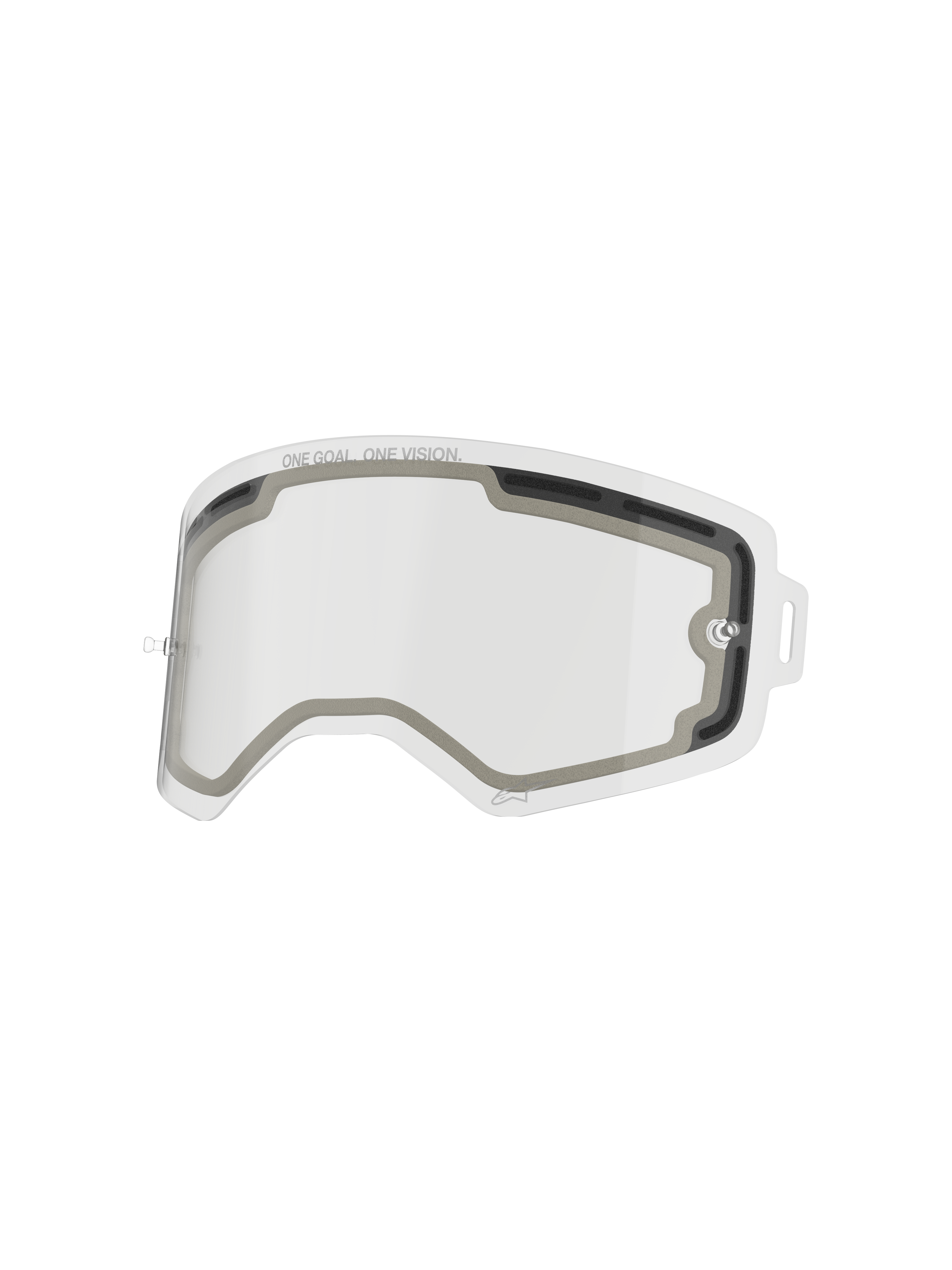 Alpinestars Supertech Doppelscheibe, klare Ersatz-Brillenscheibe, belüftetes Doppelscheiben-Design mit grauer Schaumstoffdichtung, mit dem Schriftzug „ONE GOAL. ONE VISION.“, schlagfestes Polycarbonat für Motocross-Performance