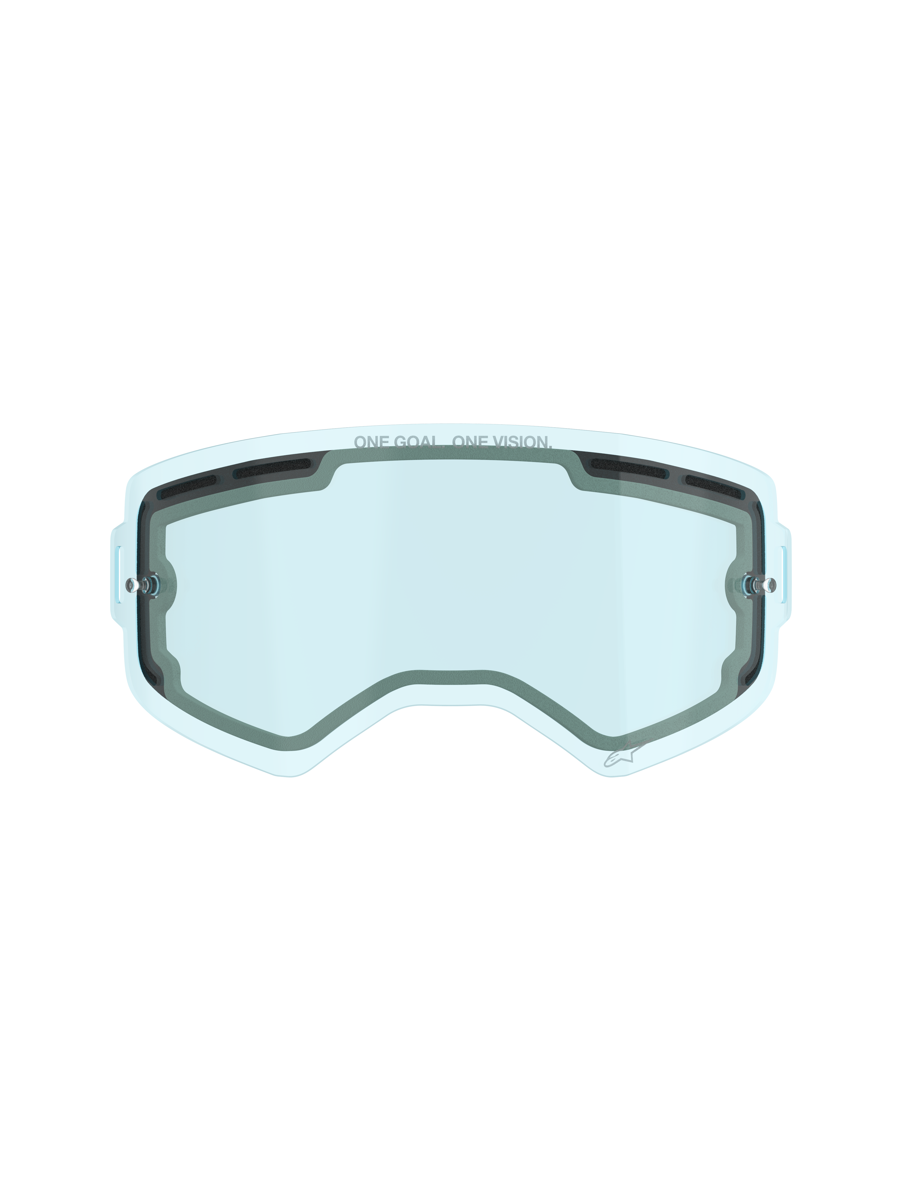 Alpinestars Supertech belüftete Doppelscheibe, Ersatzglas für Motocross-Brillen, Blau getönt, Polycarbonat-Doppelscheiben-Konstruktion, schwarze Schaumstoffdichtung, Belüftungsöffnungen oben und seitlich, „ONE GOAL. ONE VISION.“ Branding, Antibeschlag-Funktion für Offroad-Rennsport