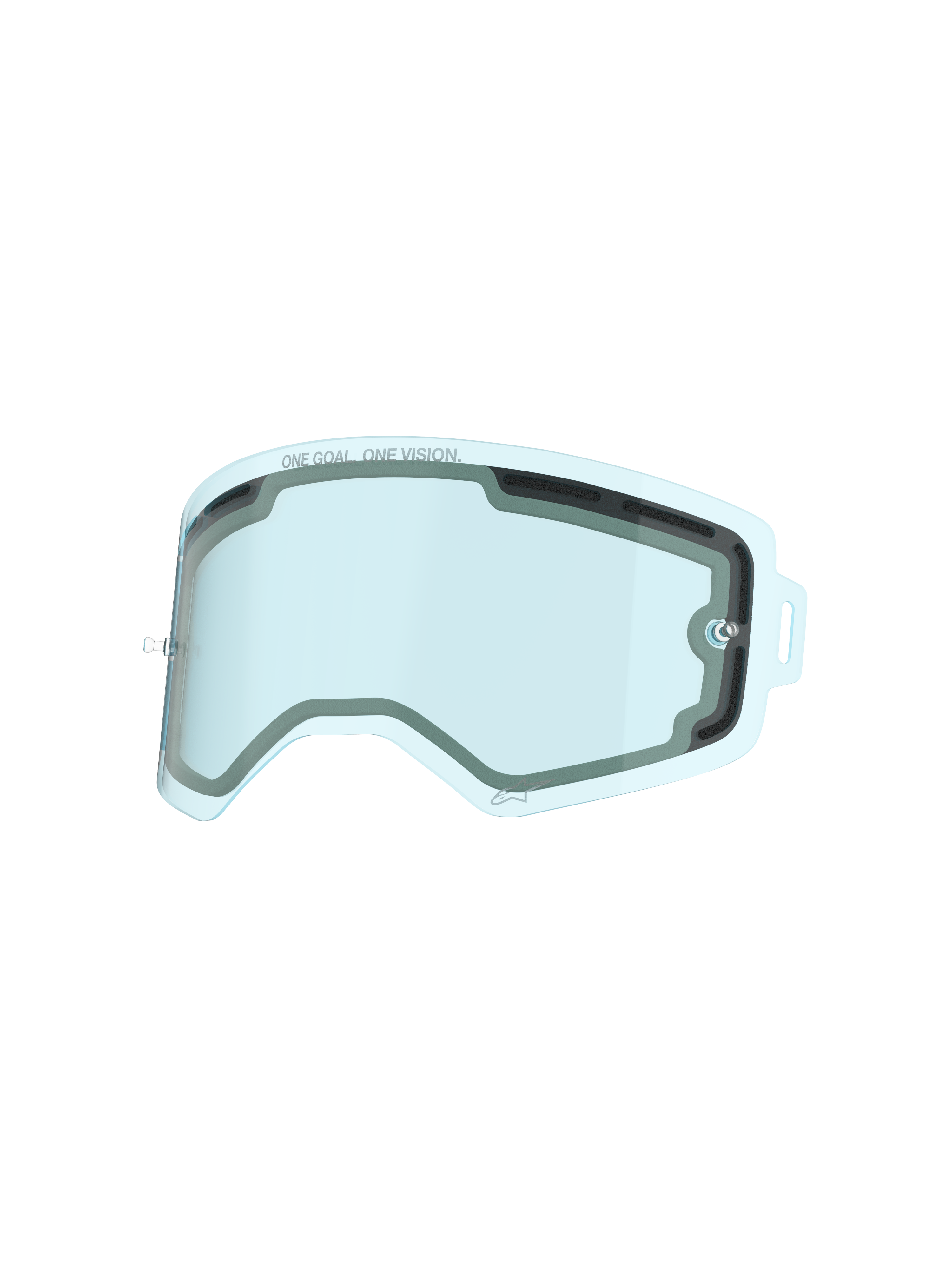 Alpinestars Supertech Scheibe, blau getönte belüftete Doppelscheibe für Motocross-Brillen, mit 'ONE GOAL. ONE VISION.' Schriftzug, schlagfeste Ersatzscheibe aus Polycarbonat für Schutz beim Motocross und Offroad-Rennsport