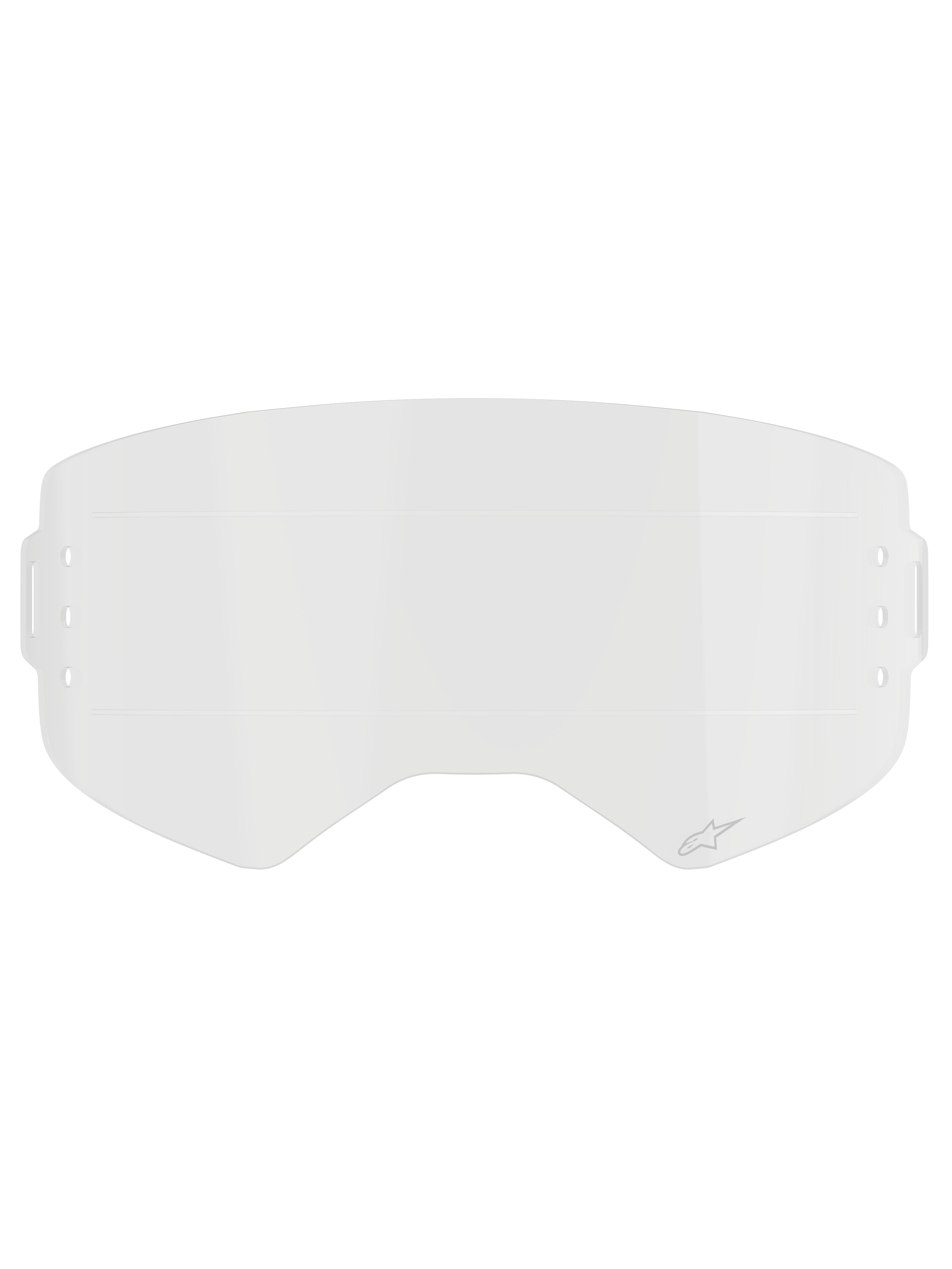 Alpinestars Supertech Roll Off Film, Clear Replacement Goggle Lens, transparent injection-molded polycarbonate with horizontal Glide Lines, featuring subtle Alpinestars logo, designed for motocross roll-off systems