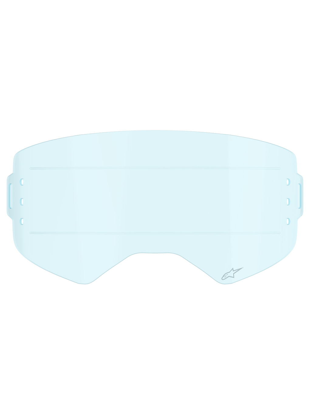 Alpinestars Supertech Roll Off Lens, Motocross Goggle Accessory, Clear Blue, transparent light blue polycarbonate lens featuring horizontal glide lines for smooth film movement and side mounting slots for roll-off systems.