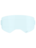 Alpinestars Supertech Roll Off Lens, Motocross Goggle Accessory, Clear Blue, transparent light blue polycarbonate lens featuring horizontal glide lines for smooth film movement and side mounting slots for roll-off systems.