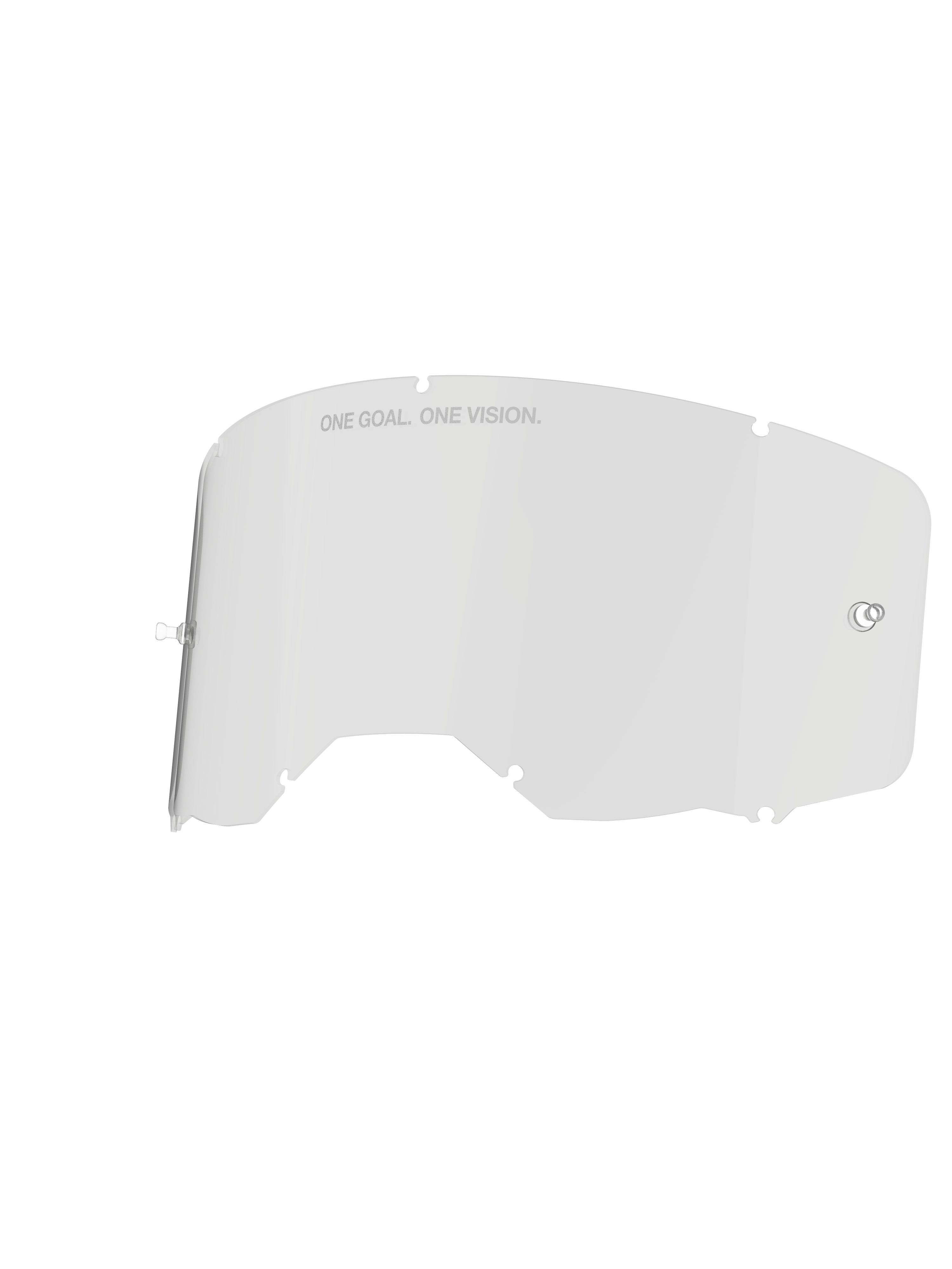 Alpinestars Vision 8-5-3 Lens, Clear Goggle Lens, Transparent, featuring integrated tear-off posts and seven keyhole locking notches, "ONE GOAL. ONE VISION." text on the upper edge, durable polycarbonate construction for motocross goggles