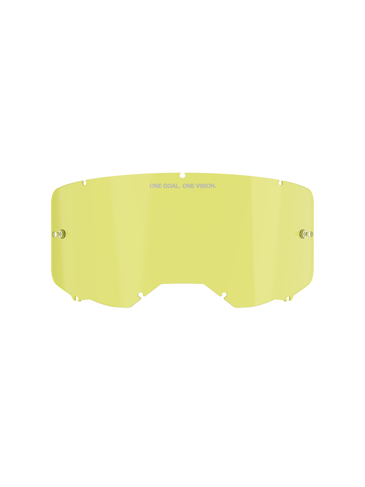 Alpinestars Vision 8-5-3 Goggle-Ersatzscheibe, gelbe Tönung, Polycarbonat-Konstruktion mit integrierten Abreißstiften, „ONE GOAL. ONE VISION.“ Branding, Sieben-Schlüsselloch-Verriegelungssystem, konzipiert für Motocross- und Offroad-Motorradbrillen.