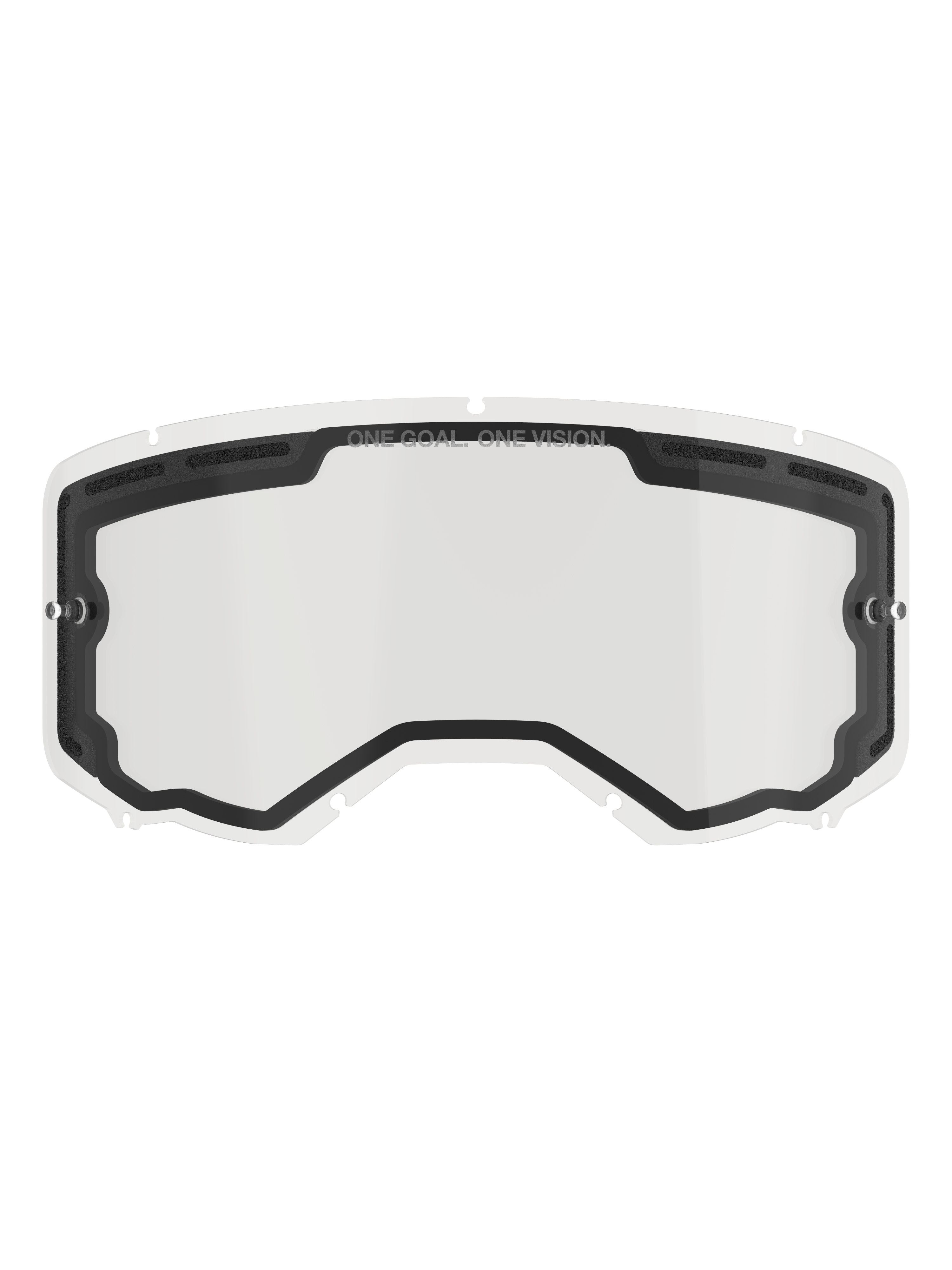 Alpinestars Vision 8-5-3 Dual Pane Lens, Clear replacement lens for motocross goggles, featuring a black inner seal with top ventilation ports, side tear-off posts, "ONE GOAL ONE VISION" branding on the upper border, off-road racing accessory