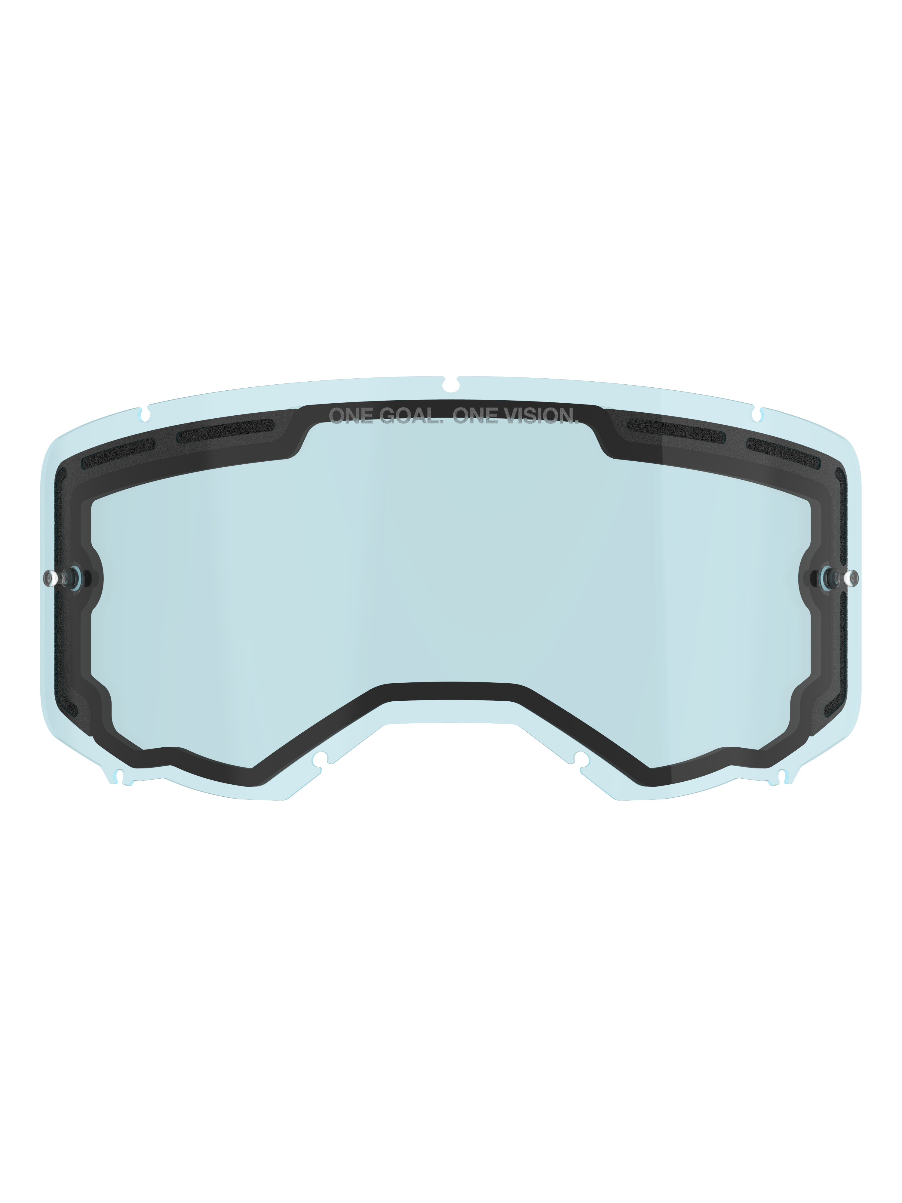 Alpinestars Vision 8-5-3 Doppelscheibe, hellblau getöntes Ersatz-Brillenglas, schwarze Innendichtung mit „ONE GOAL. ONE VISION.“ Branding, seitliche Abreißstifte, gebogenes Design mit Belüftung oben für Motocross und Offroad-Fahrten