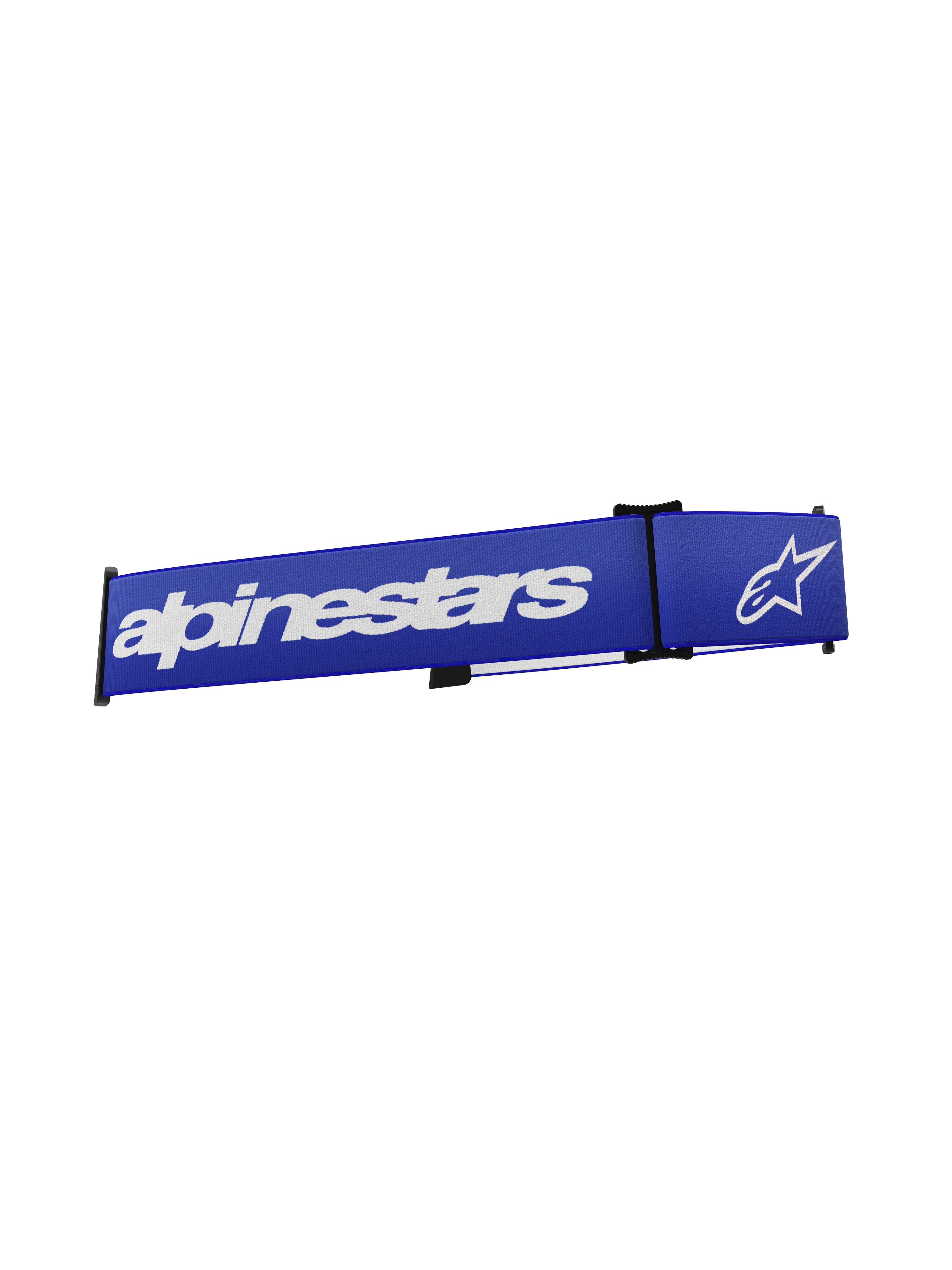 Alpinestars Supertech Goggles-Riemen, Motocross-Brillenzubehör, Blau und Weiß, mit markantem weißem Alpinestars-Schriftzug und Stern-Logo auf einem leuchtend blauen Webband, Ersatzriemen mit Klick-Verschluss für den Offroad-Rennsport.