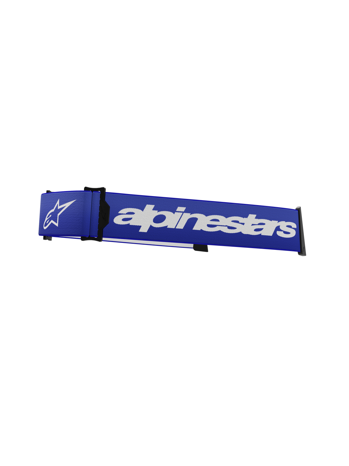 Alpinestars Supertech Goggles Ersatzband, Motocross-Brillenband, Blau und Weiß, markanter weißer Alpinestars-Schriftzug und Stern-Logo, schwarzer ISP-Keil und Rahmenclips, strapazierfähige Webstruktur