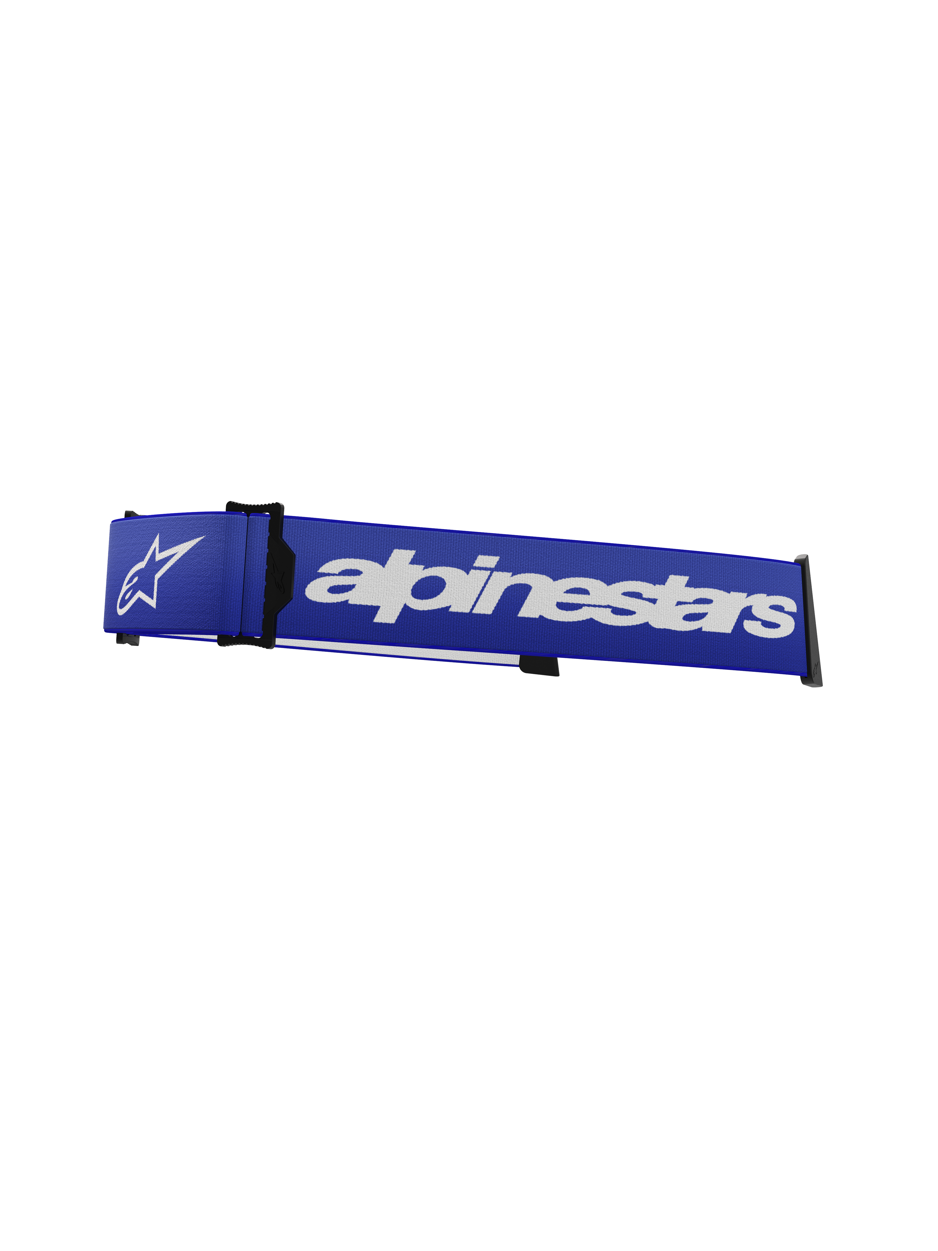 Alpinestars Supertech Goggles Ersatzband, Motocross-Brillenband, Blau und Weiß, markanter weißer Alpinestars-Schriftzug und Stern-Logo, schwarzer ISP-Keil und Rahmenclips, strapazierfähige Webstruktur