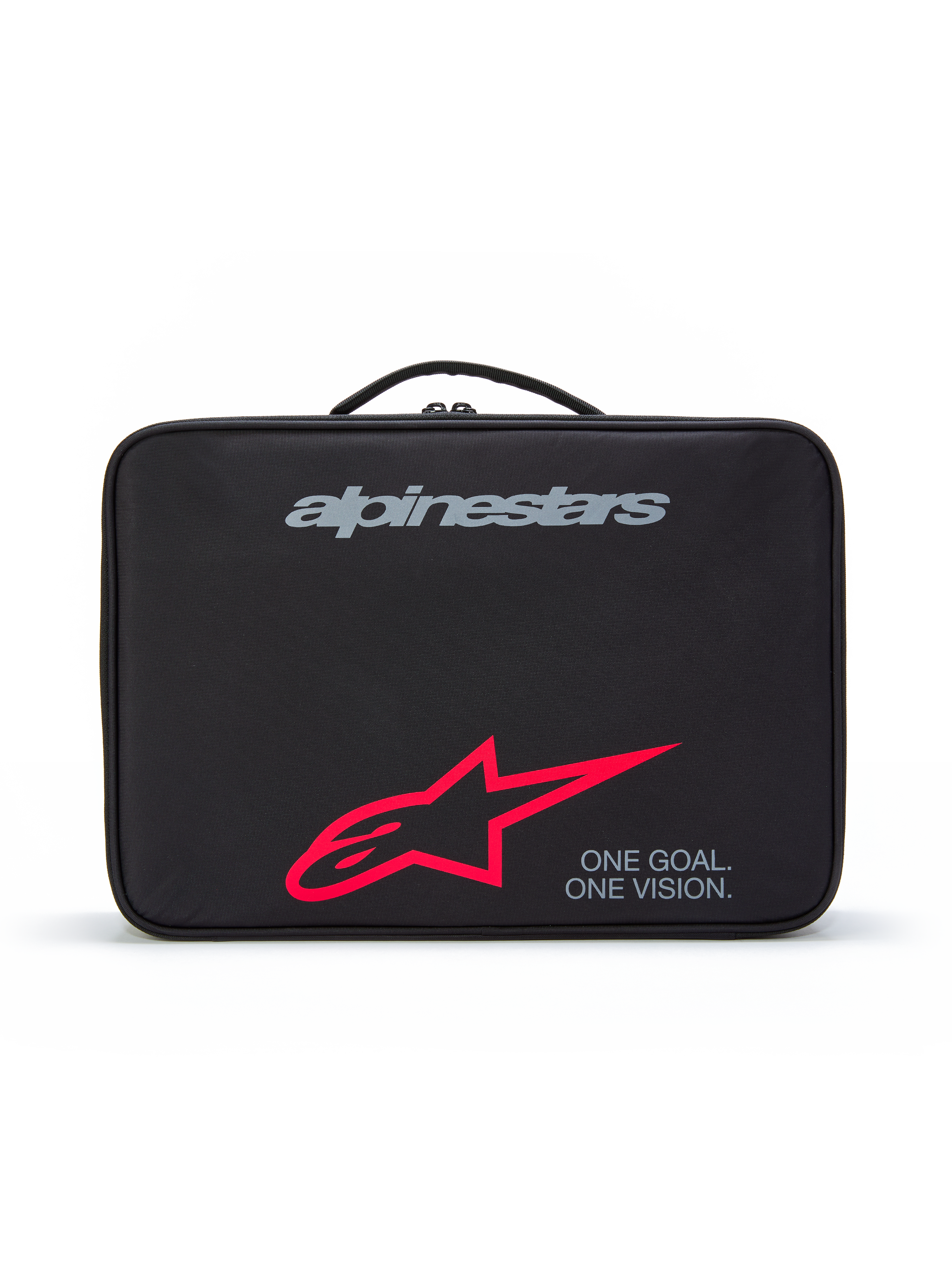 Alpinestars Supertech Vision Goggles Case, schwarze Schutztasche mit Tragegriff oben, graues Markenlogo, großes rotes Stern-Logo, Slogan „ONE GOAL. ONE VISION.“, strapazierfähige Aufbewahrung für Motocross-Brillen