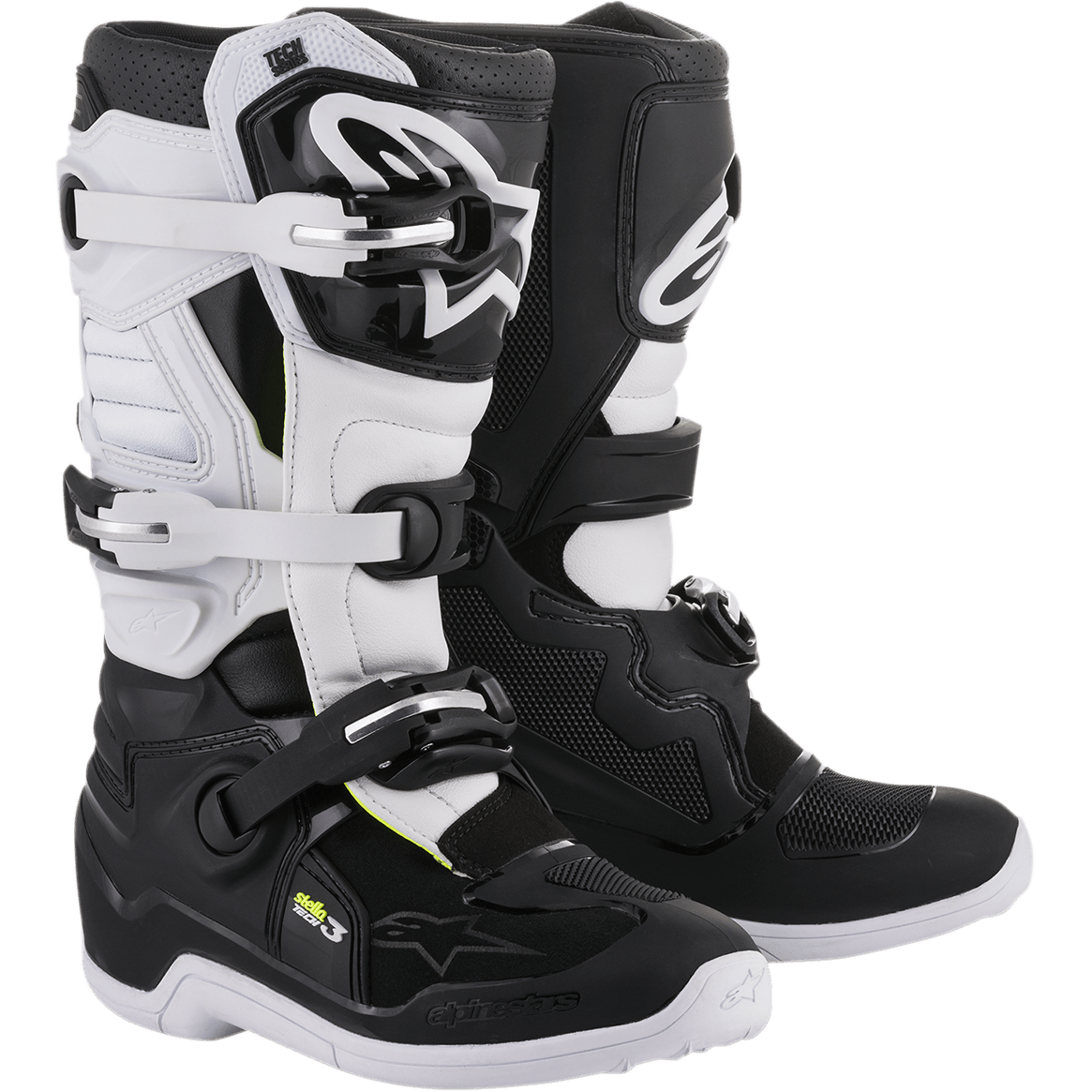 Alpinestars Stella Tech 3 Damenstiefel, Motocross-Offroad-Stiefel, Schwarz und Weiß, mit einem Drei-Schnallen-Verschlusssystem, weißen TPU-Schienbeinplatten mit Alpinestars-Branding, schwarzem Mikrofaser-Obermaterial mit weißen Einsätzen, weißen Sohlen, schützendes Performance-Schuhwerk für Fahrerinnen
