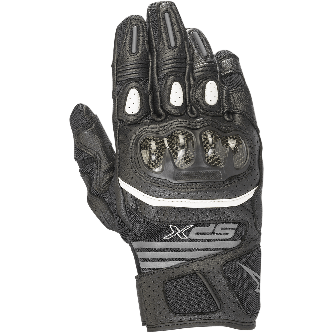 Alpinestars SPX Air Carbon V2 Damen-Handschuhe, Schwarz und Anthrazit, kurze Motorradhandschuhe mit Carbon-Knöchelprotektoren, perforiertes Leder und Mesh-Einsätze für Belüftung, weißer Akzentstreifen und SPX-Branding