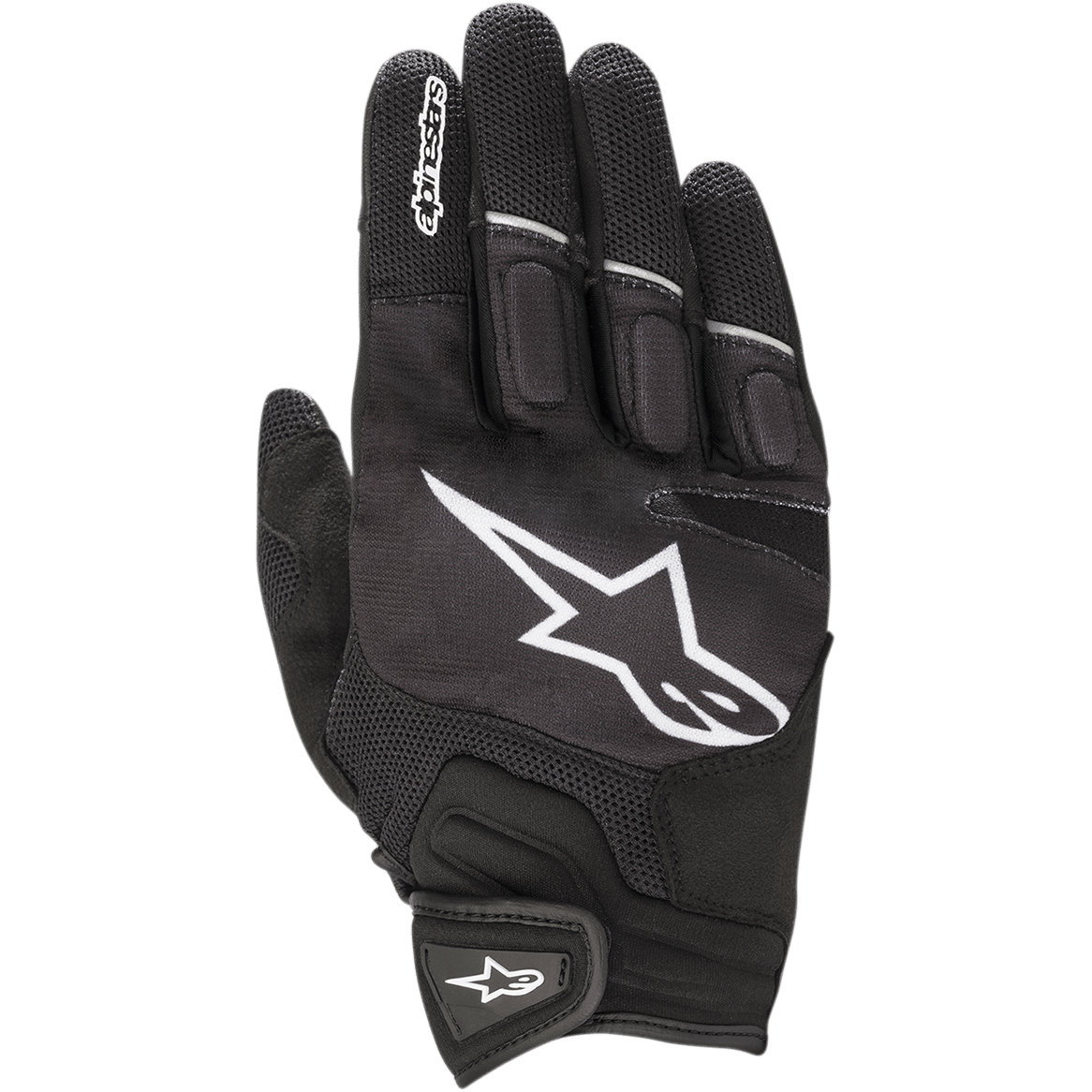 Alpinestars Atom Gloves, lightweight motorcycle riding gloves, Black and White, featuring a large white star logo on the backhand, mesh panels for ventilation, padded knuckles, and a secure hook-and-loop wrist closure