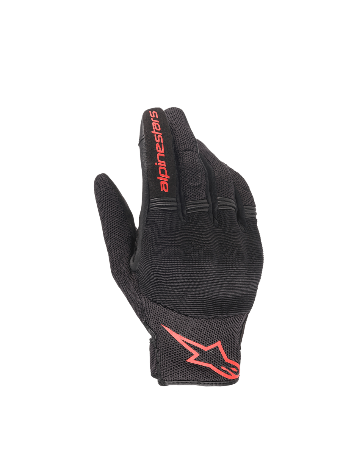 Alpinestars Copper Handschuhe, Urban Motorradhandschuhe für Herren, Schwarz und Rot, leichtes Textilgewebe mit verdecktem Hartschalen-Knöchelschutz und rotem Logo.