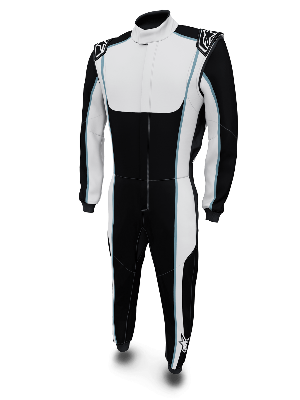Alpinestars Tech Vision V3 Custom Auto Racing Suit, black and white with blue accents, FIA certified Nomex.