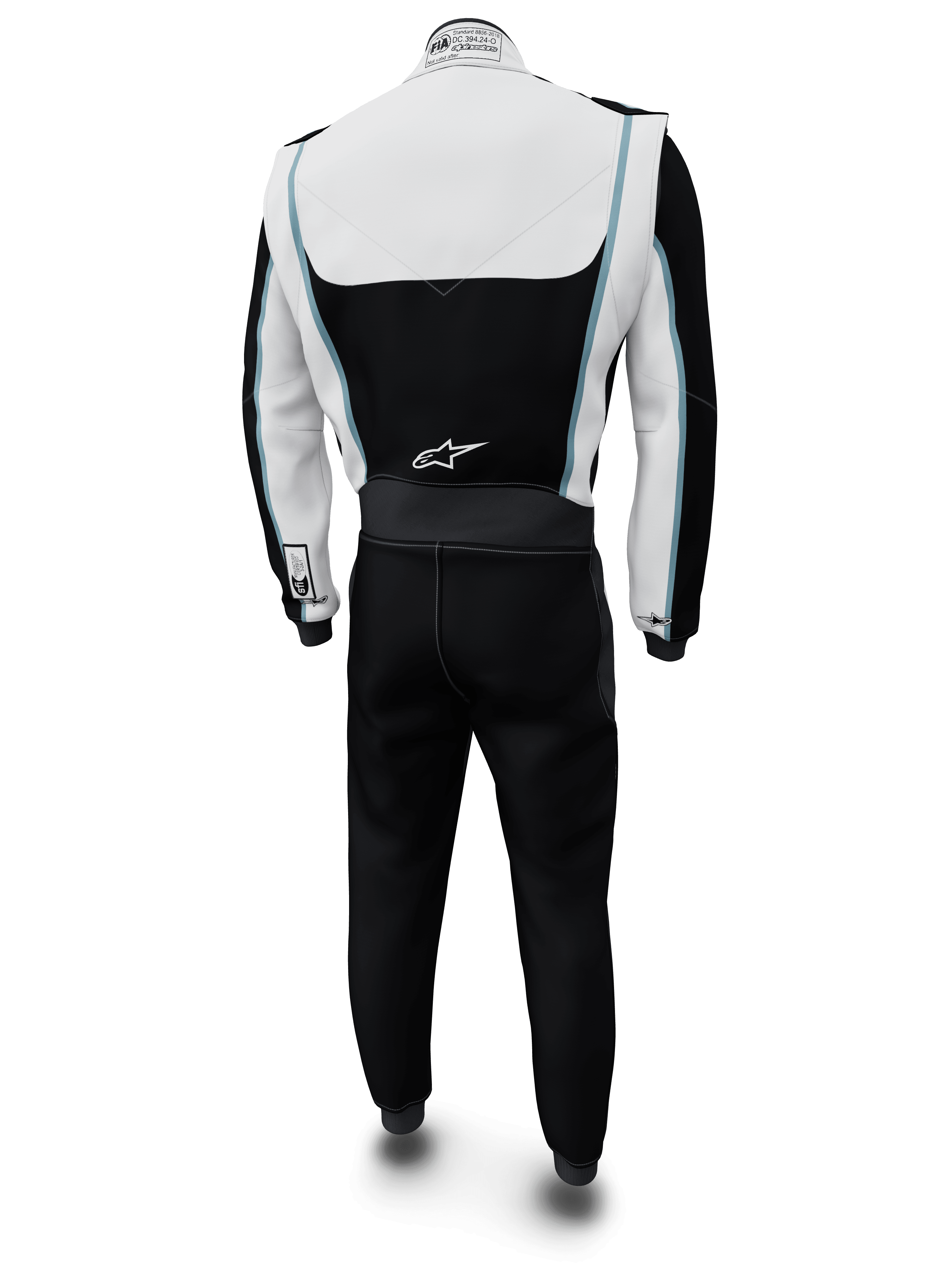 Alpinestars Tech Vision V3 Custom Suit, Auto Racing Suit, White and Black with light blue accents, rear view, featuring Alpinestars logo on the lower back and FIA certification label on the collar, professional fire-retardant racing apparel with Nomex construction