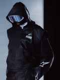 RSRV Axis Leather Hoodie, Premium Schwarze Lederjacke mit Kapuze, RSRV-Logo und Sternendesign, Futuristischer urbaner Style, Hochglänzende Lederoberfläche