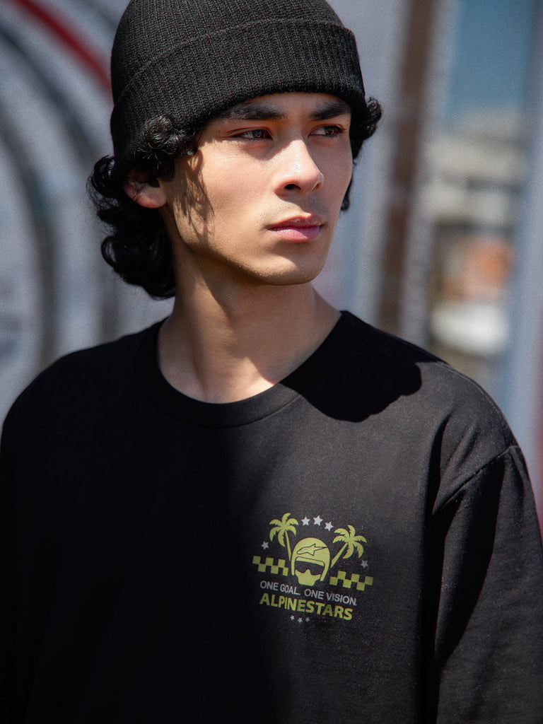 Alpinestars Order CSF Tee, Short Sleeve T-Shirt, Black, lime green helmet and palm tree logo with One Goal One Vision text, casual motorsport-inspired streetwear