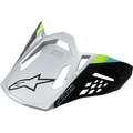 Alpinestars Supertech M8 Helmet Visor Contact, Matte Silver and Black, Lime Green and Cyan accents, angular aerodynamic design with black star logo, geometric ventilation cutouts, replacement peak for motocross helmets