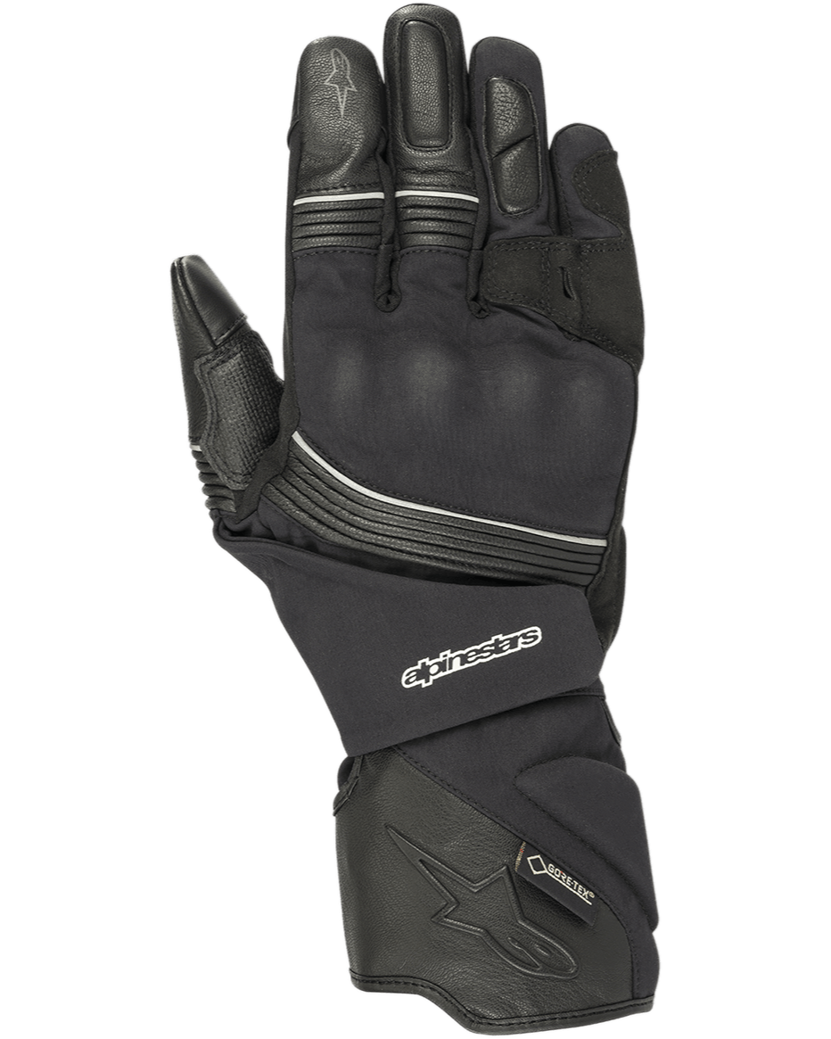Alpinestars Jet Road Handschuhe, Schwarze Motorradhandschuhe, Wasserdichtes Gore-Tex, Leder- und Textilkonstruktion, Lange Stulpe, Verstärkter Knöchelschutz, Reflektierende Paspeln, Adventure-Touring-Ausrüstung