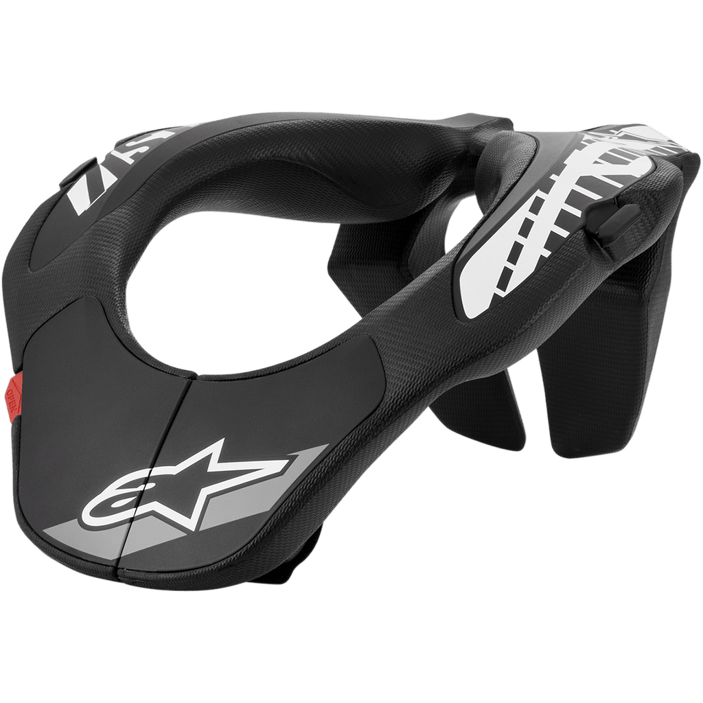 Alpinestars Youth Neck Support, Motocross-Nackenstütze, Schwarz mit weißen Grafiken und rotem Tab, ergonomisches Design mit strukturierter Oberfläche, Schutzausrüstung für Jugendliche