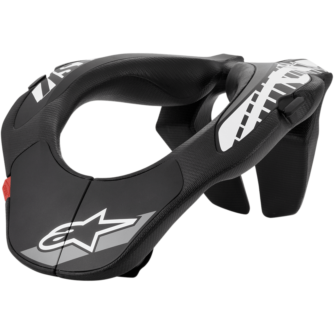 Alpinestars Youth Neck Support, Motocross-Nackenstütze, Schwarz mit weißen Grafiken und rotem Tab, ergonomisches Design mit strukturierter Oberfläche, Schutzausrüstung für Jugendliche