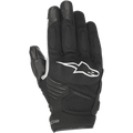 Alpinestars Faster Gloves, Black motorcycle gloves with white logo, featuring Thermo Windtech technology, padded knuckles, and multi-material softshell construction, short cuff urban design.