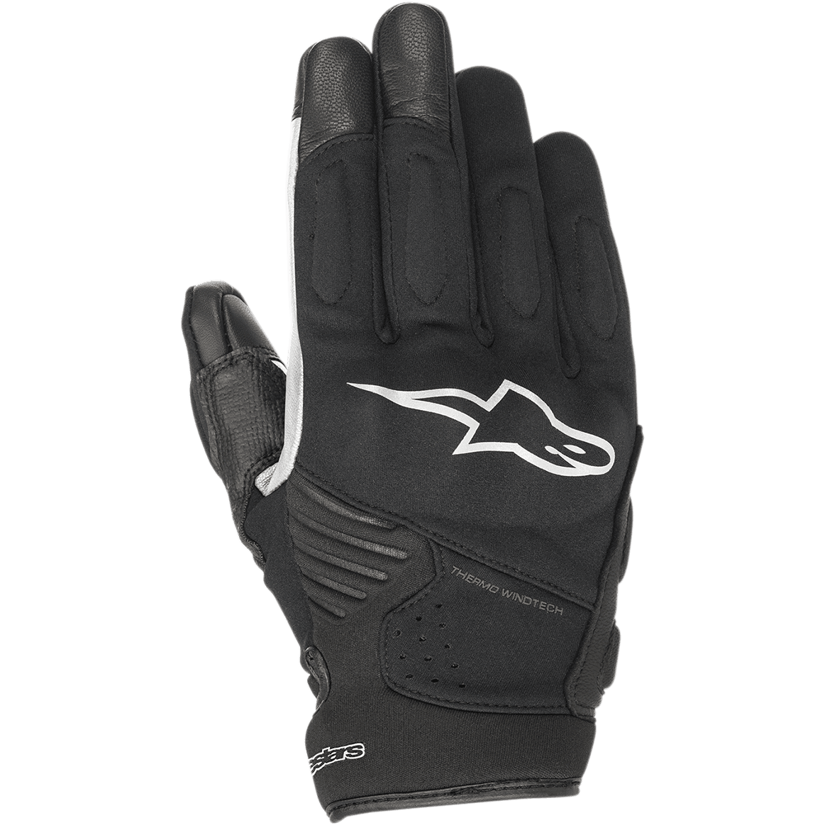 Alpinestars Faster Gloves, Black motorcycle gloves with white logo, featuring Thermo Windtech technology, padded knuckles, and multi-material softshell construction, short cuff urban design.