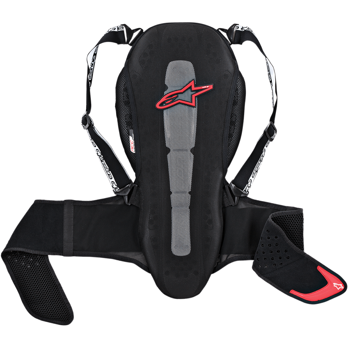 Alpinestars Nucleon Kr-2 Rückenprotektor, Motorrad-Rückenschutz, Schwarz mit rotem Stern-Logo, Mesh-Konstruktion mit grauem Mittelpanel, verstellbare Schultergurte und Hüftgurt, ergonomisches Design mit perforierten Seitenpolstern